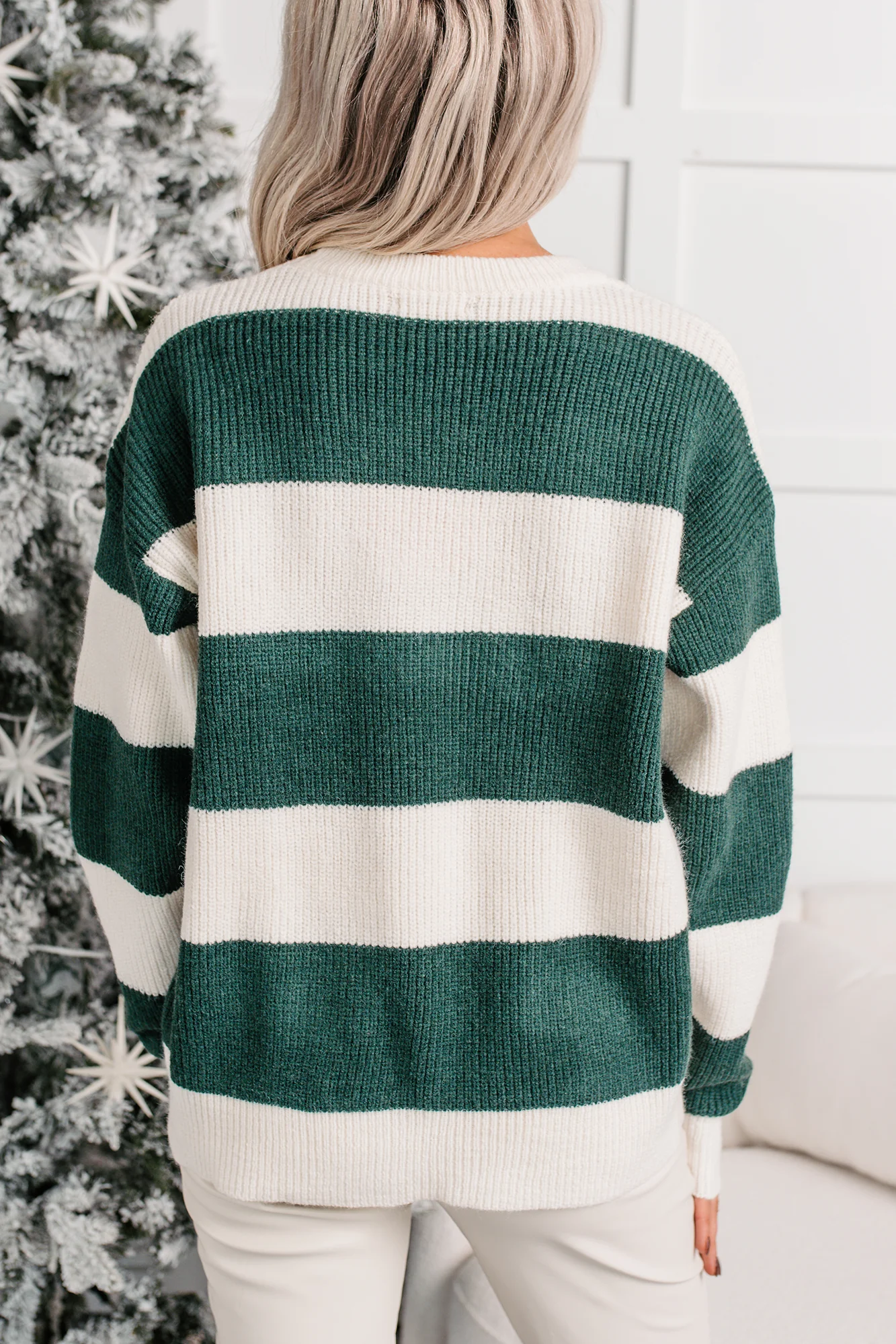 "Noel" Striped Knit Christmas Sweater (Hunter Green) - Image 4