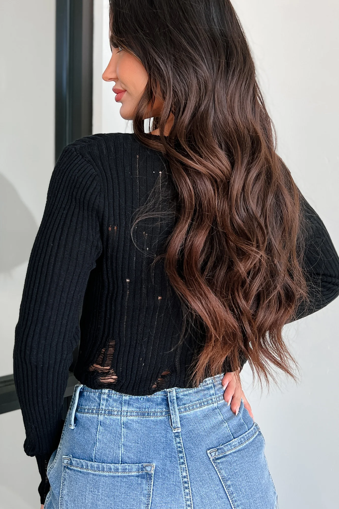 Not Trying To Impress Distressed Buttoned Top (Black) - Image 4