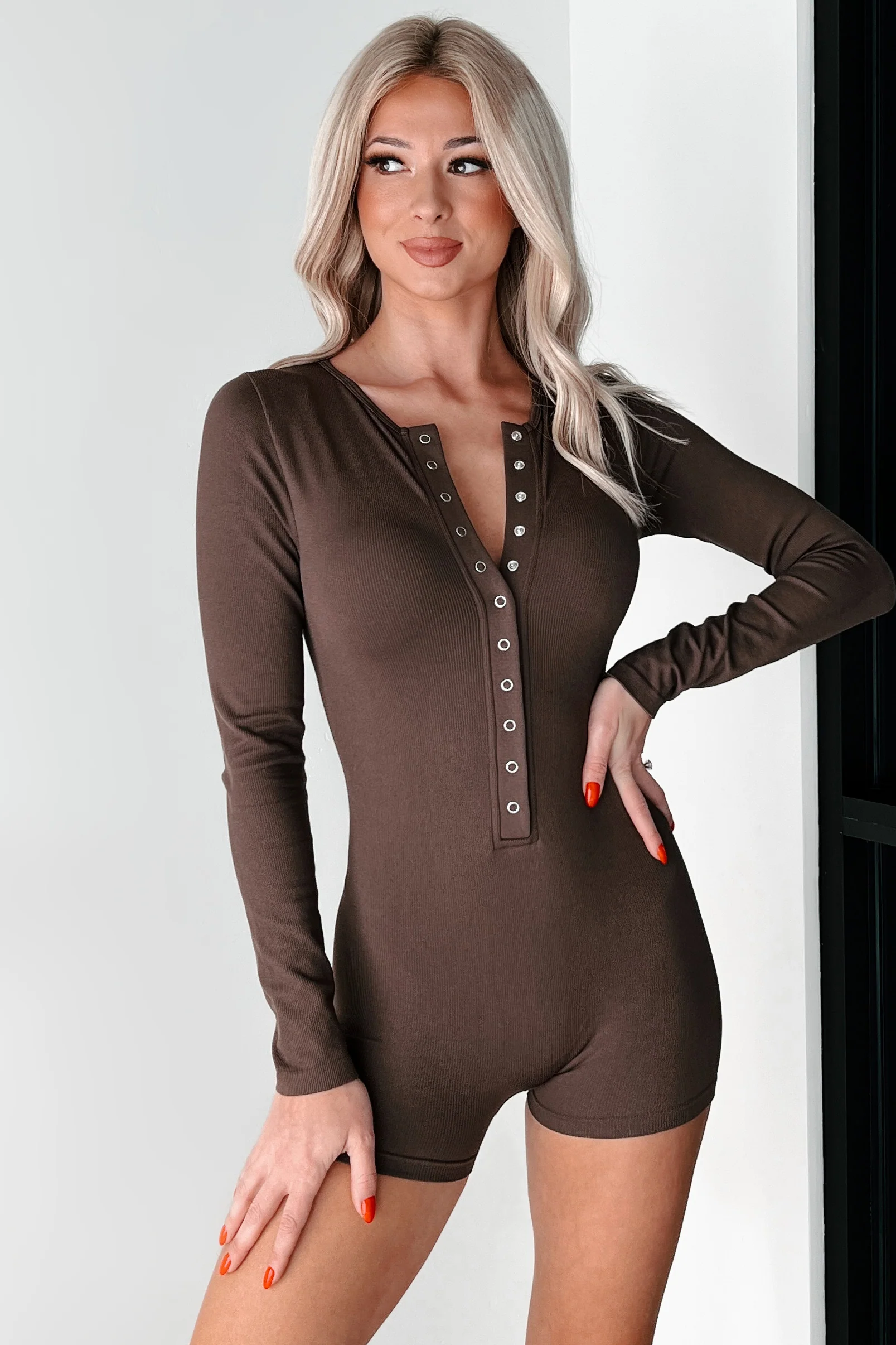 DOORBUSTER Nurturing My Soul Button Front Long Sleeve Romper (Espresso) - Image 3