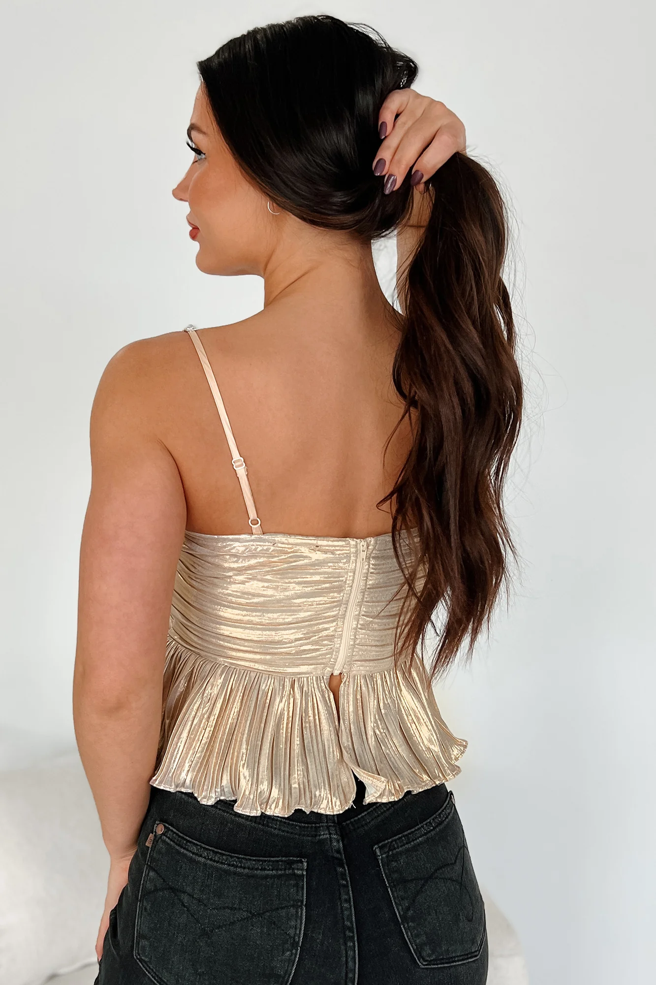 Obsessively Extra Pleated Metallic Tank Top (Champagne) - Image 4