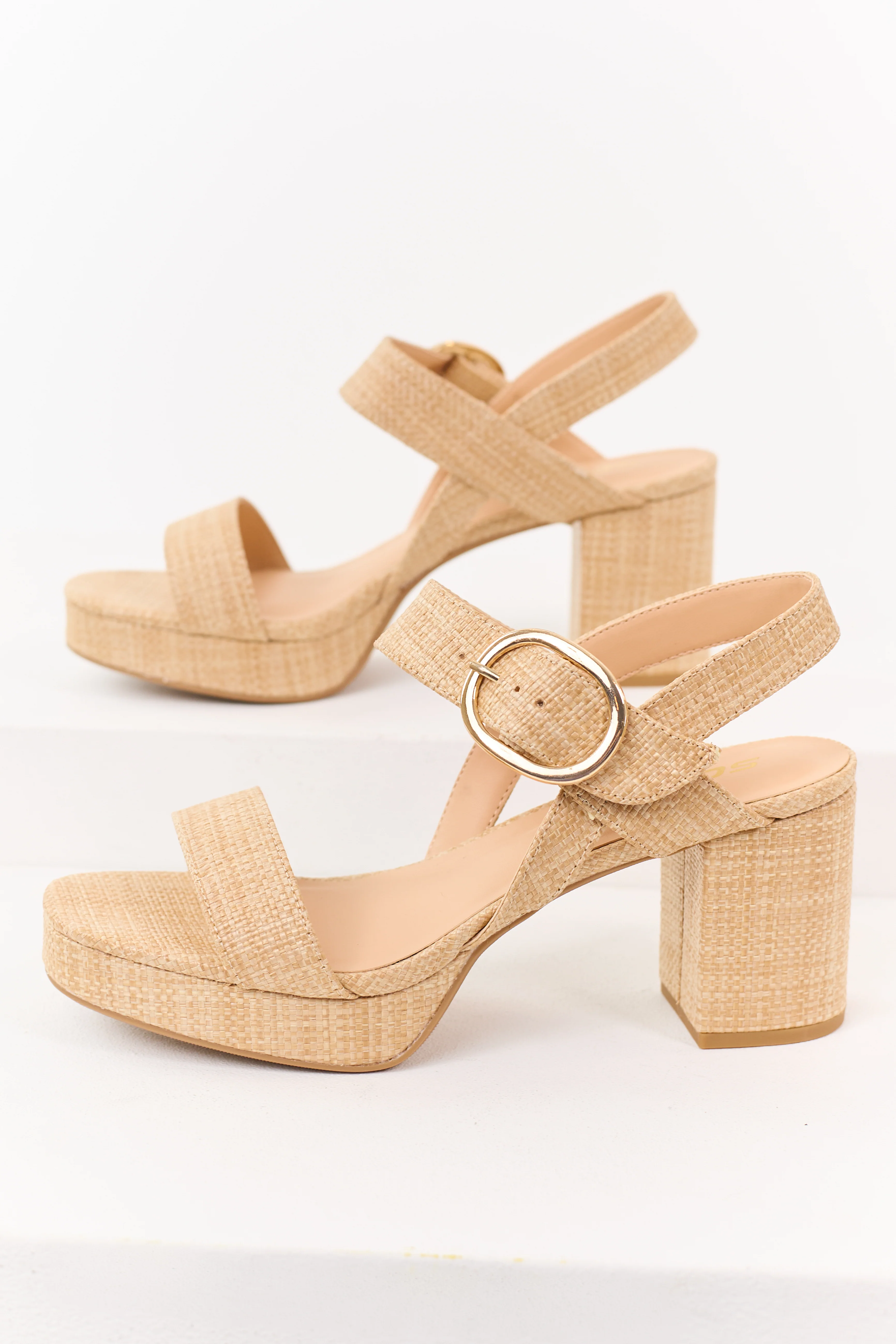 Off Duty Staple Platform Raffia Block Heels (Natural) - Image 2
