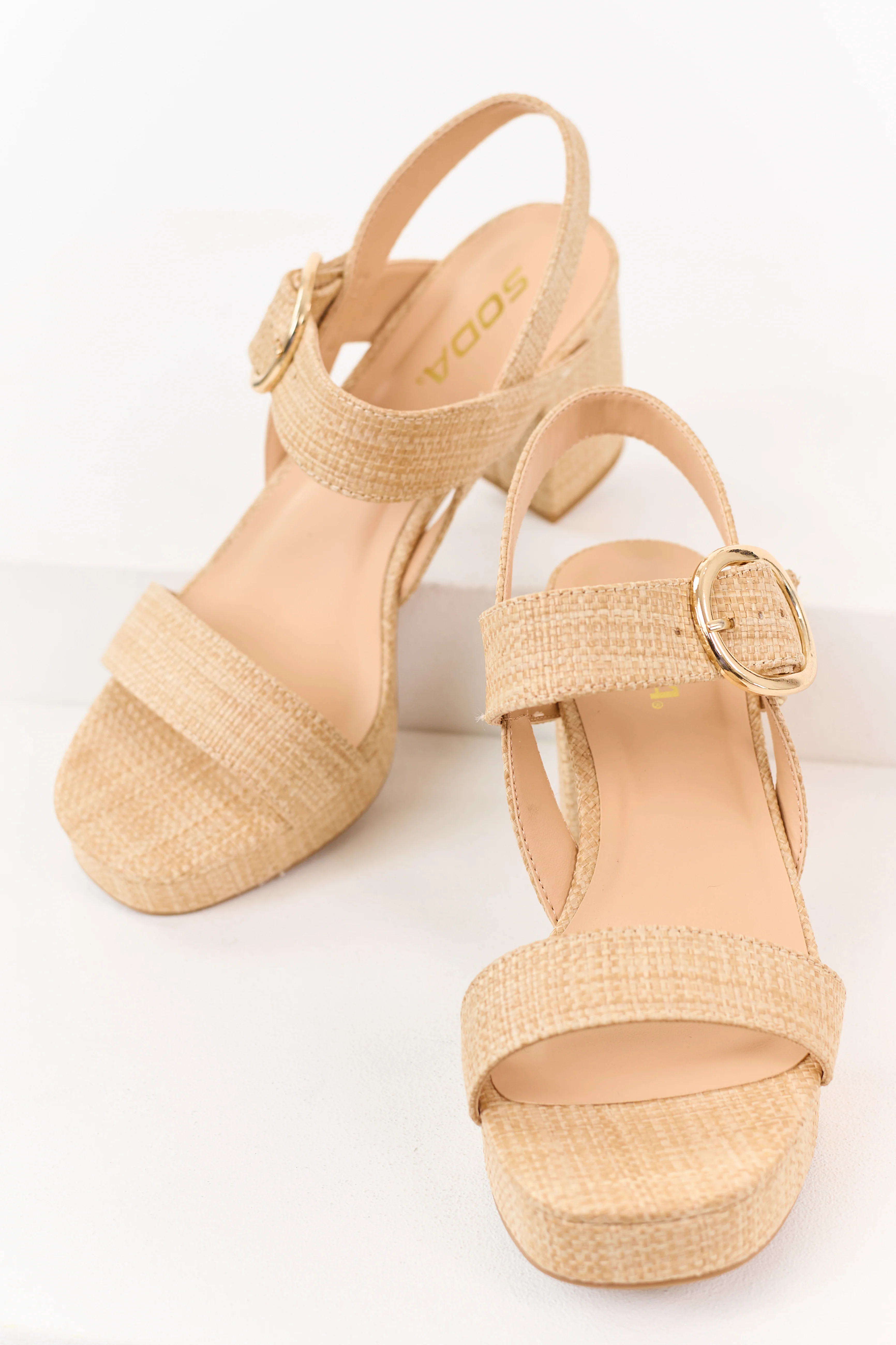 Off Duty Staple Platform Raffia Block Heels (Natural) - Image 3