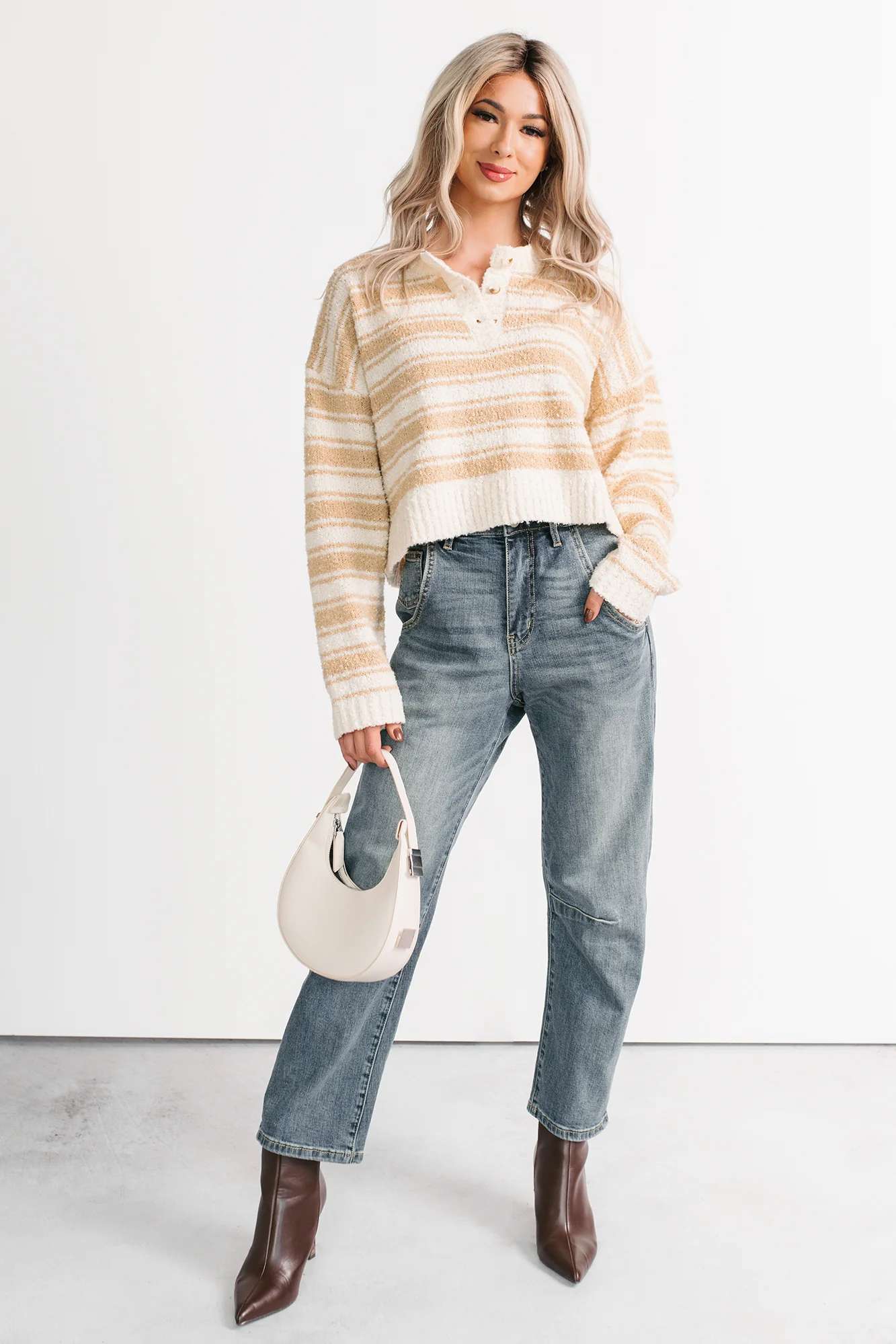 Off The Clock Stripe Knit Sweater (Taupe/Off-White) - Image 2