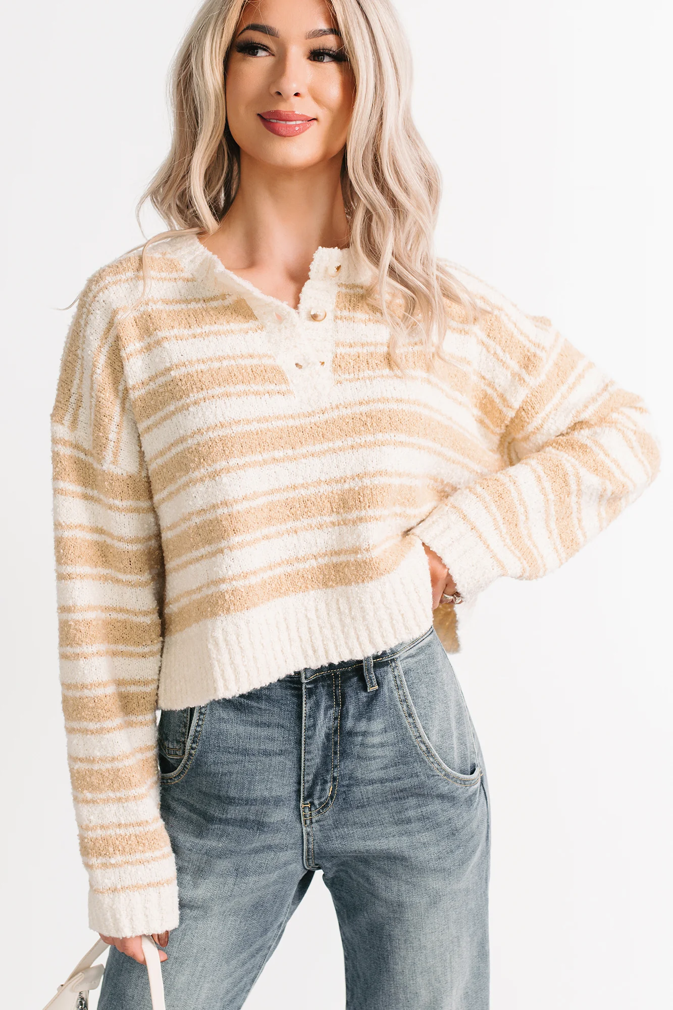 Off The Clock Stripe Knit Sweater (Taupe/Off-White) - Image 3