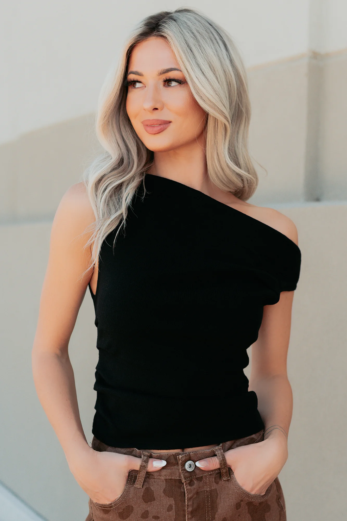 Off The Edge One Shoulder Knit Top (Black) - Image 6