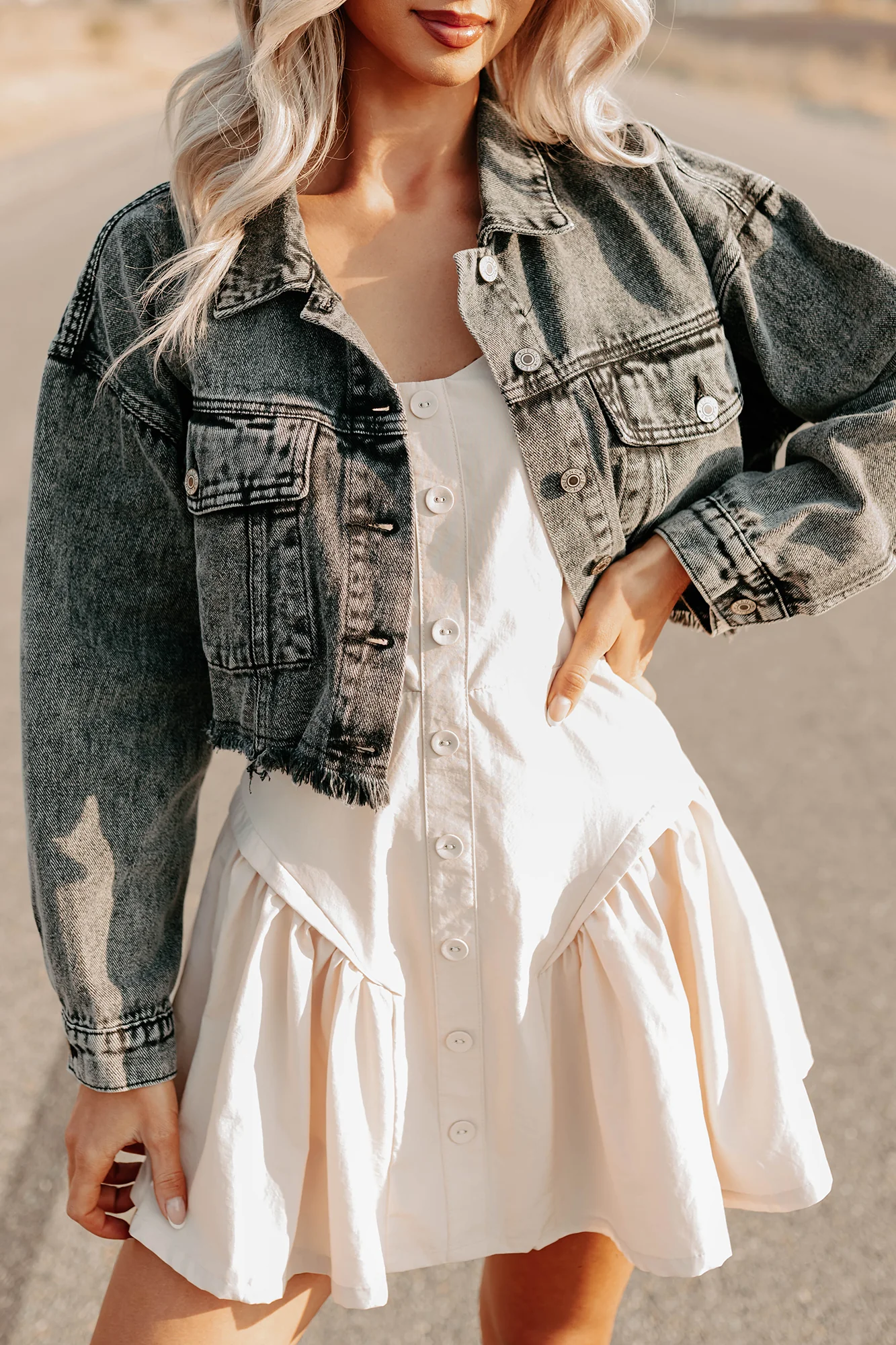On The Loose Washed Denim Crop Jacket (Black) - Image 7