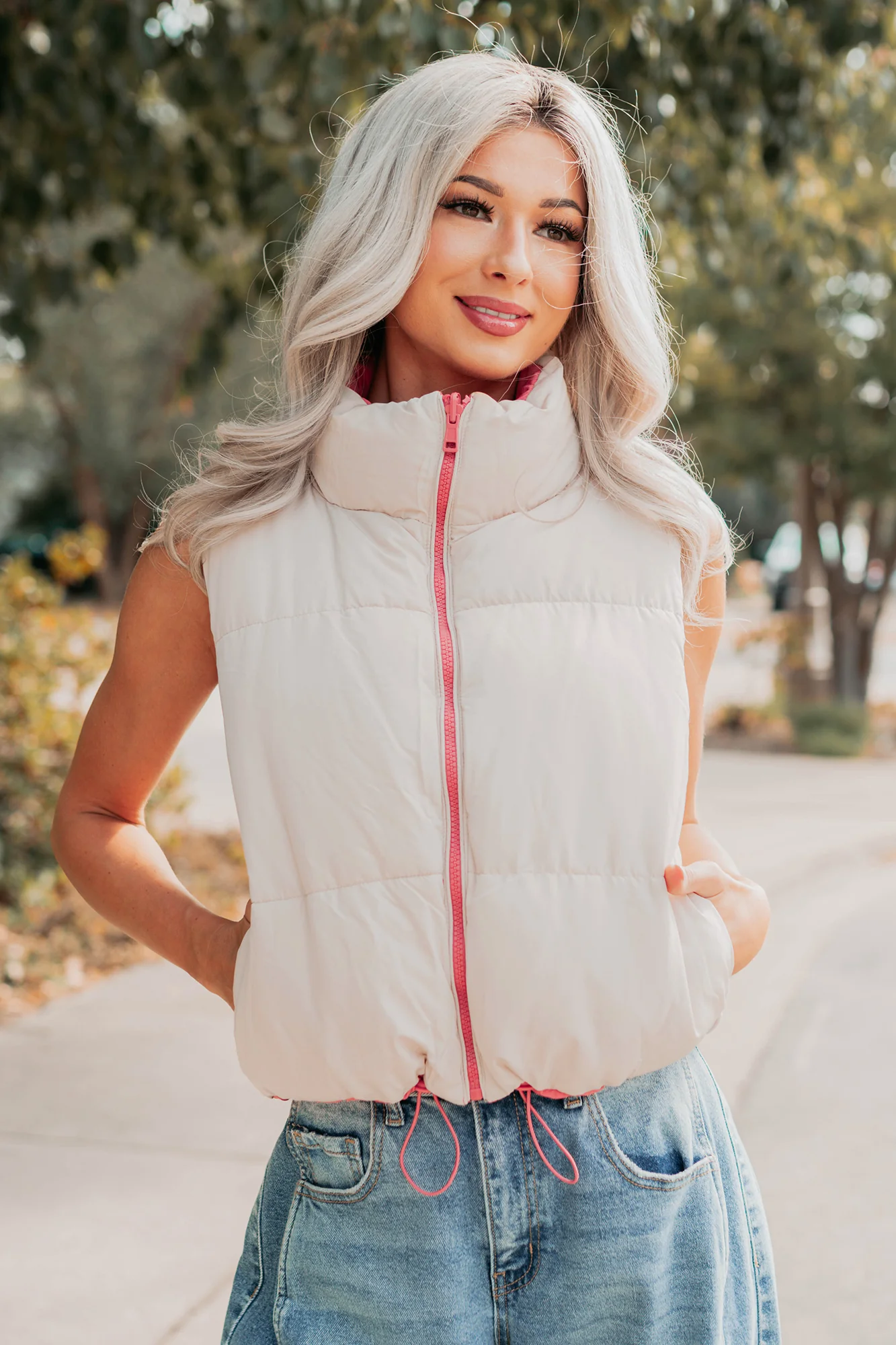 On The Reverse Side Reversible Puffer Vest (Hibiscus/Beige) - Image 4