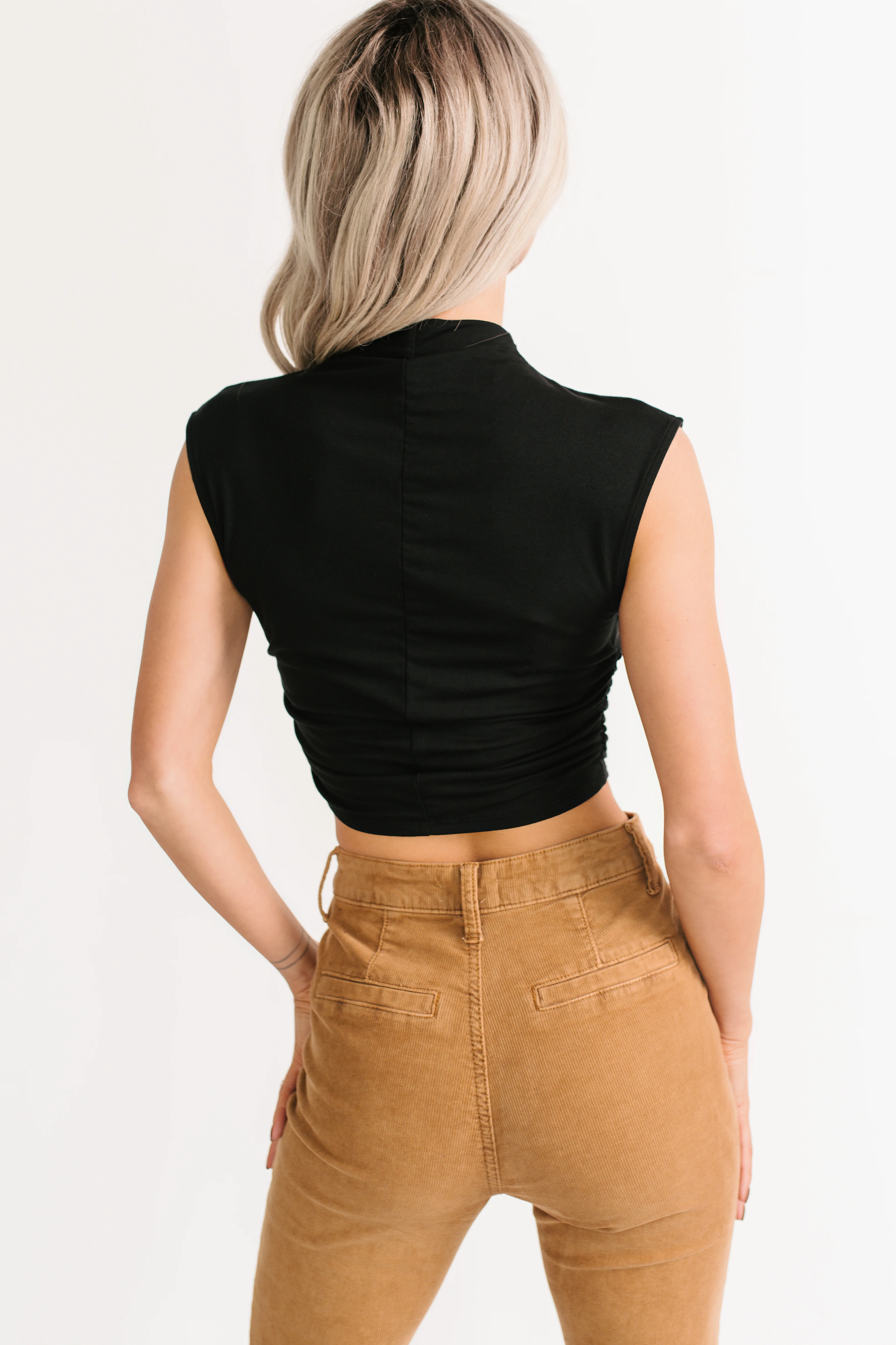 One More Kiss Cap Sleeve Mock Neck Crop Top (Black) - Image 4