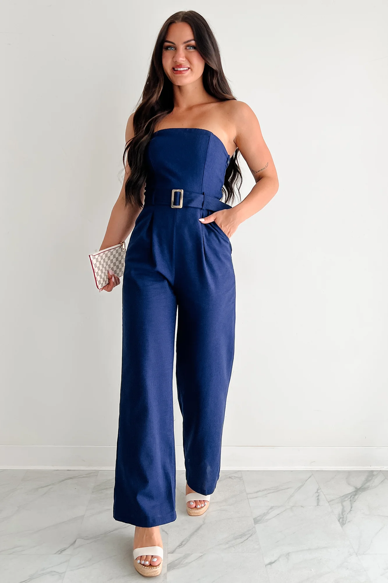 One More Page Strapless Belted Jumpsuit (Navy) - Image 4