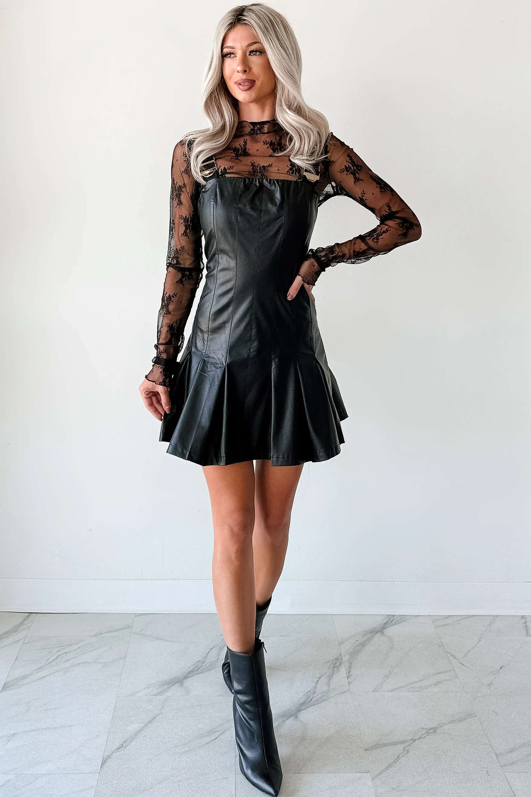 One Of None Pleated Faux Leather Dress (Black) - Image 2