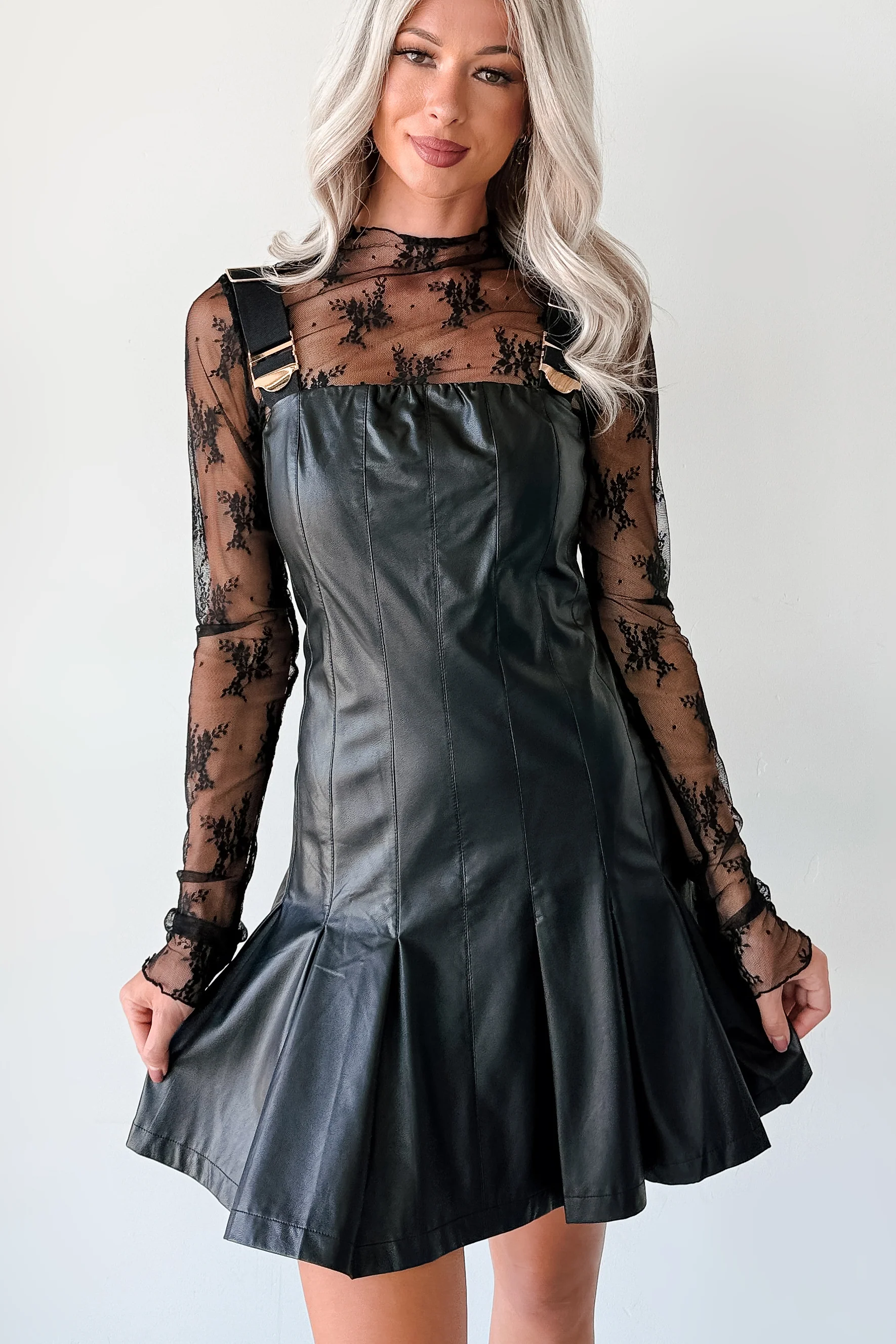 One Of None Pleated Faux Leather Dress (Black) - Image 3