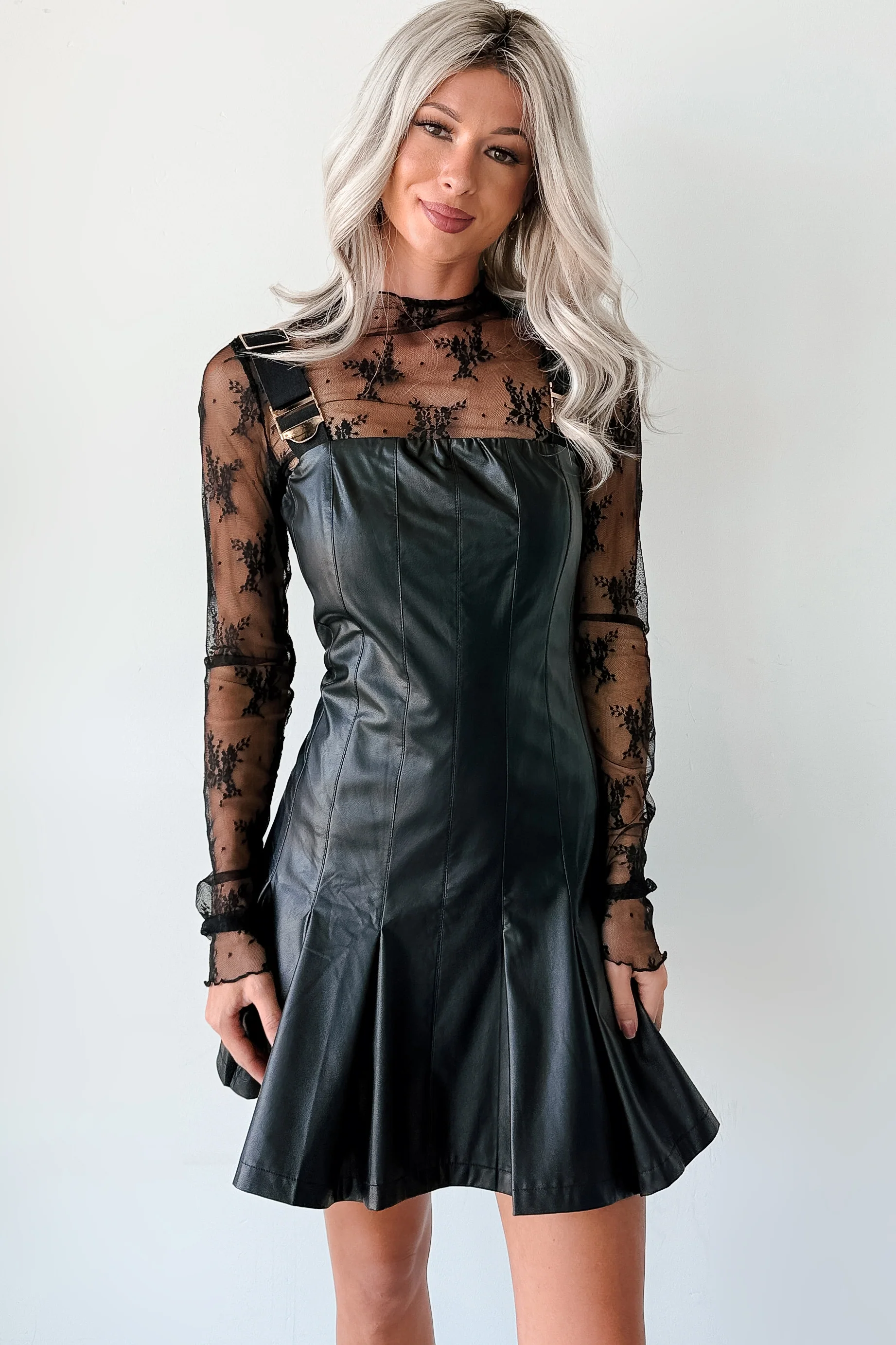 One Of None Pleated Faux Leather Dress (Black) - Image 7