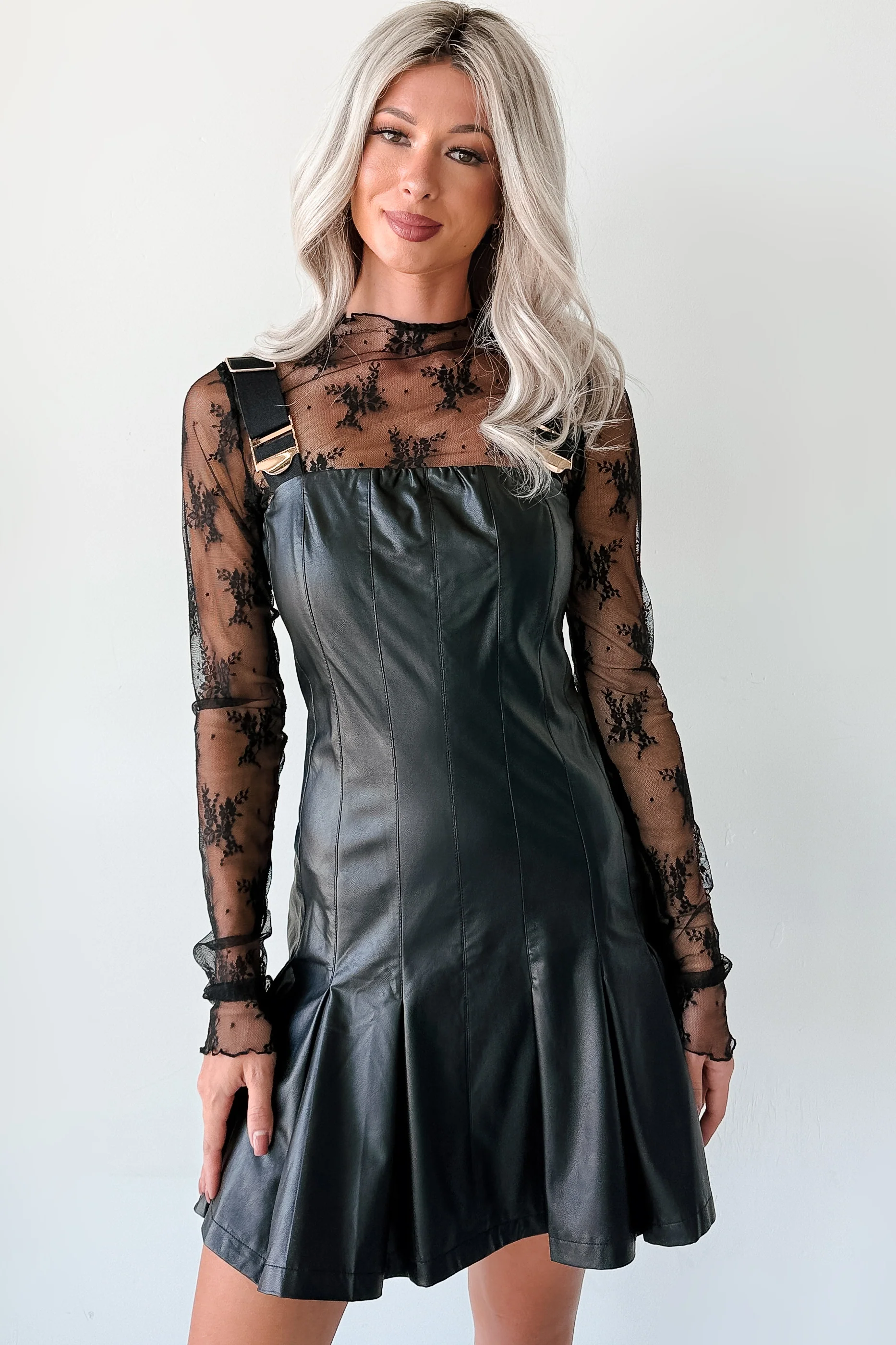 One Of None Pleated Faux Leather Dress (Black) - Image 8
