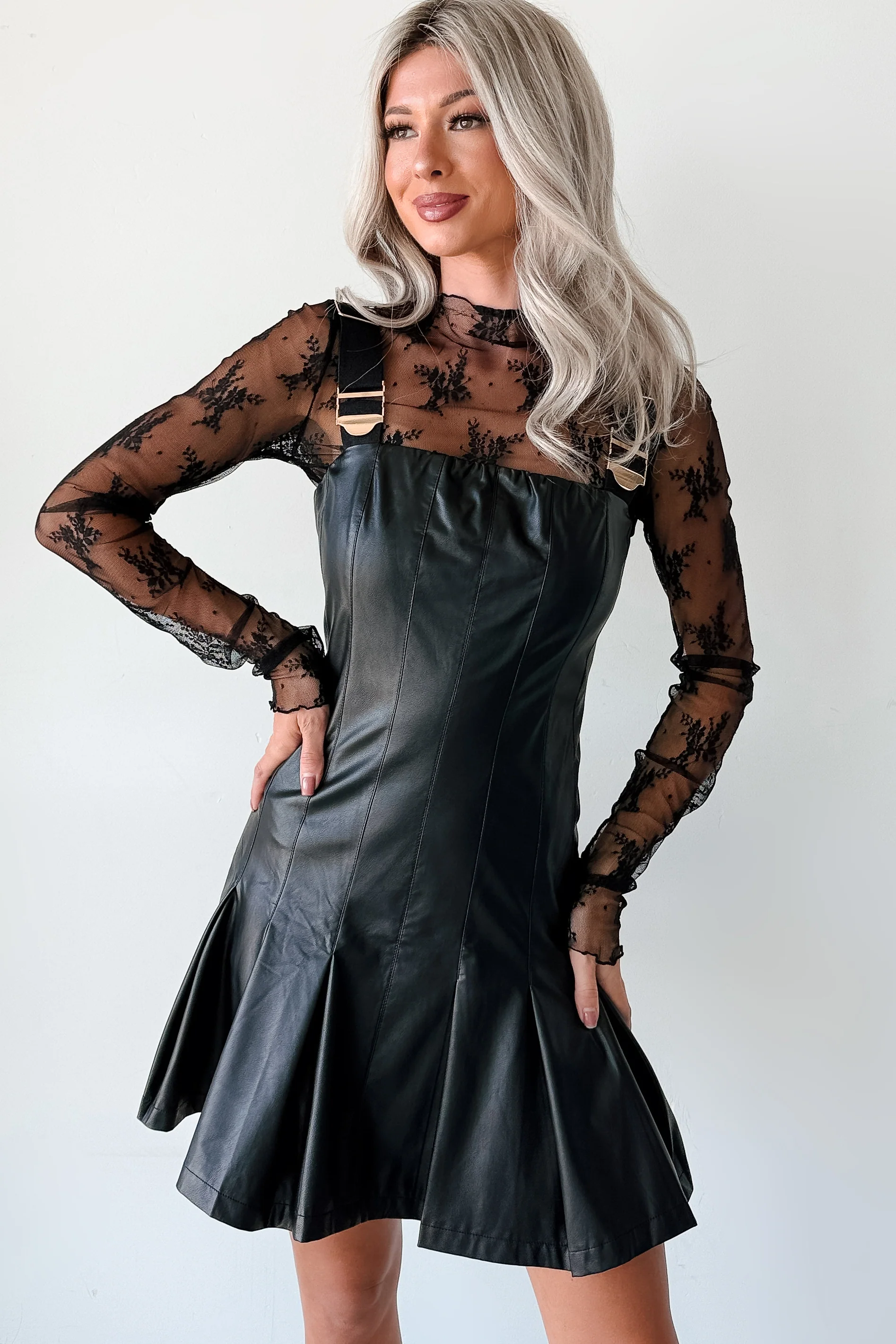 One Of None Pleated Faux Leather Dress (Black) - Image 9