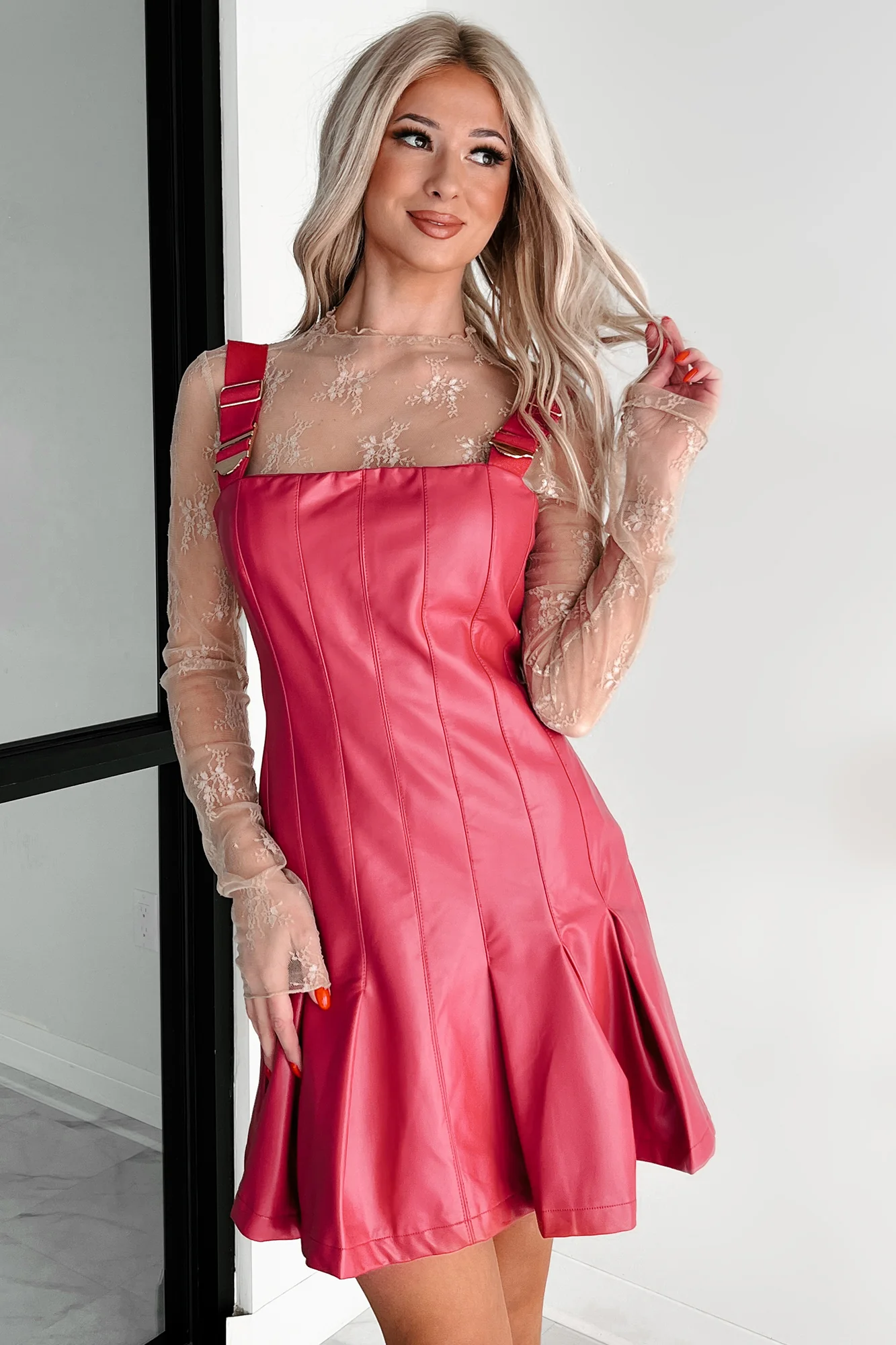 One Of None Pleated Faux Leather Dress (Magenta) - Image 13