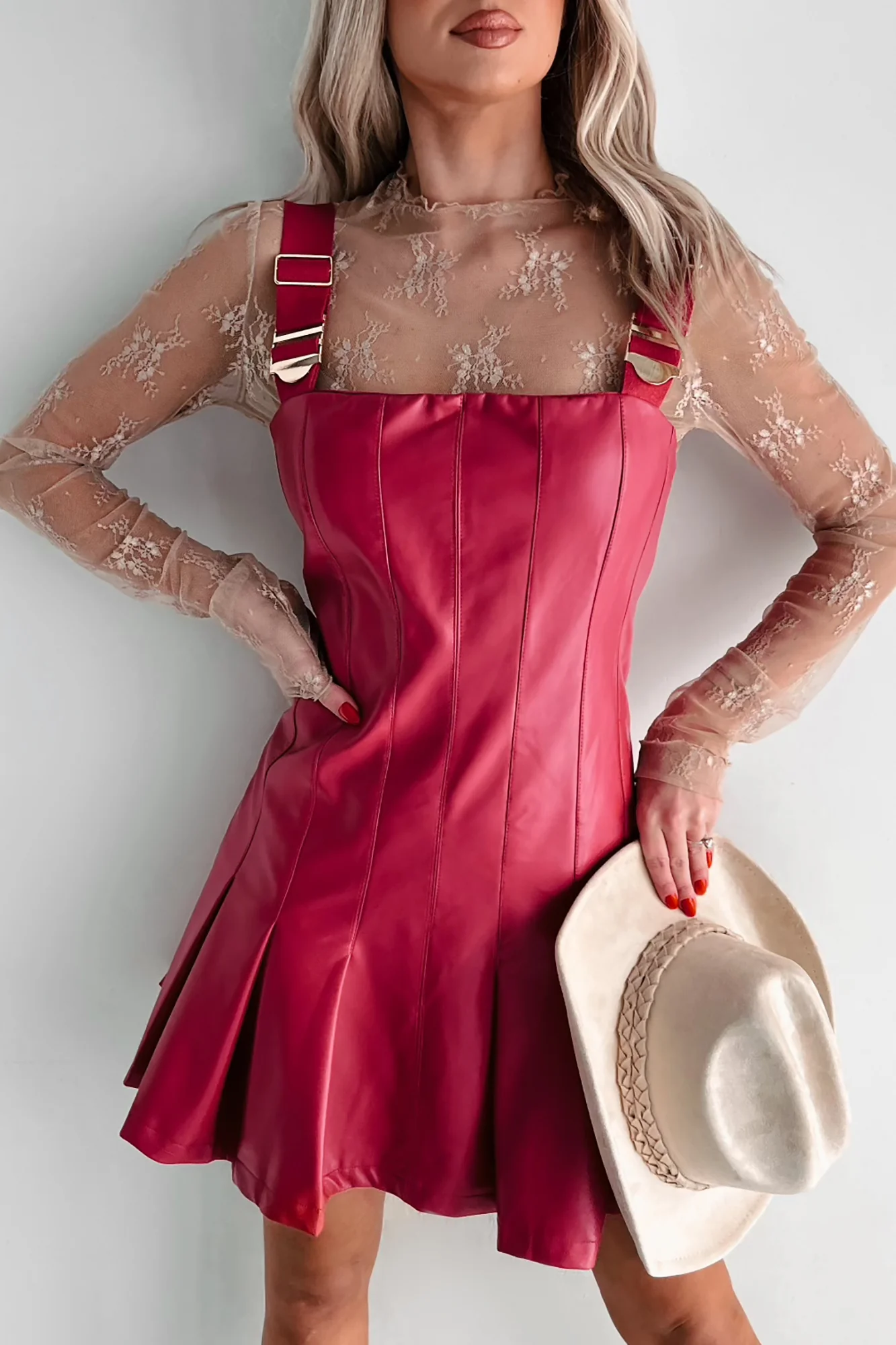One Of None Pleated Faux Leather Dress (Magenta) - Image 14
