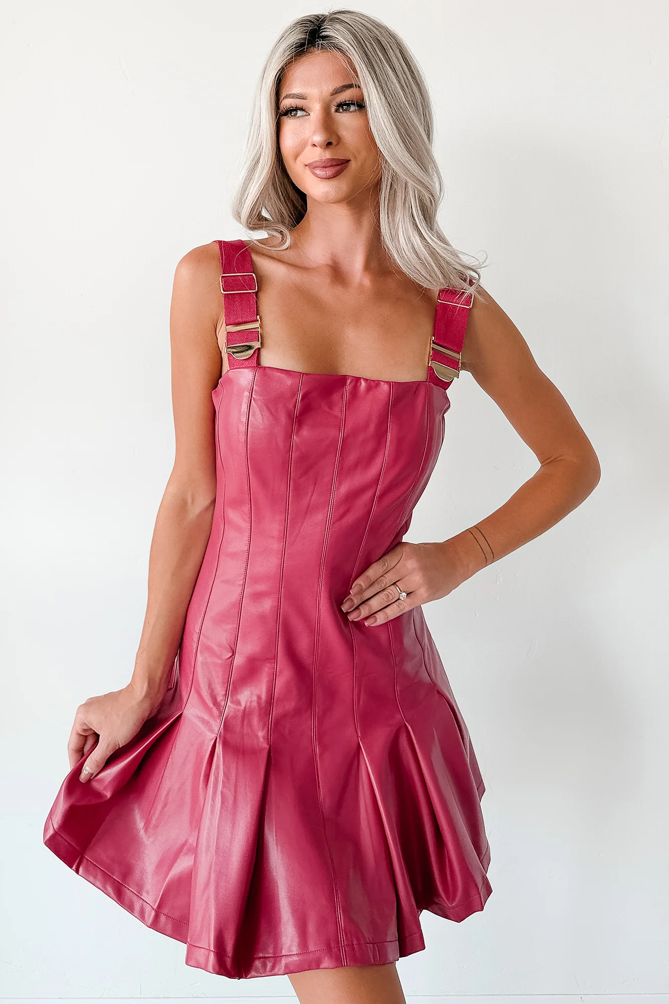 One Of None Pleated Faux Leather Dress (Magenta) - Image 16