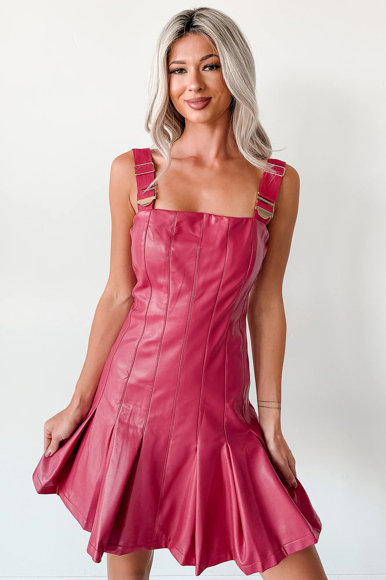 One Of None Pleated Faux Leather Dress (Magenta) - Image 17