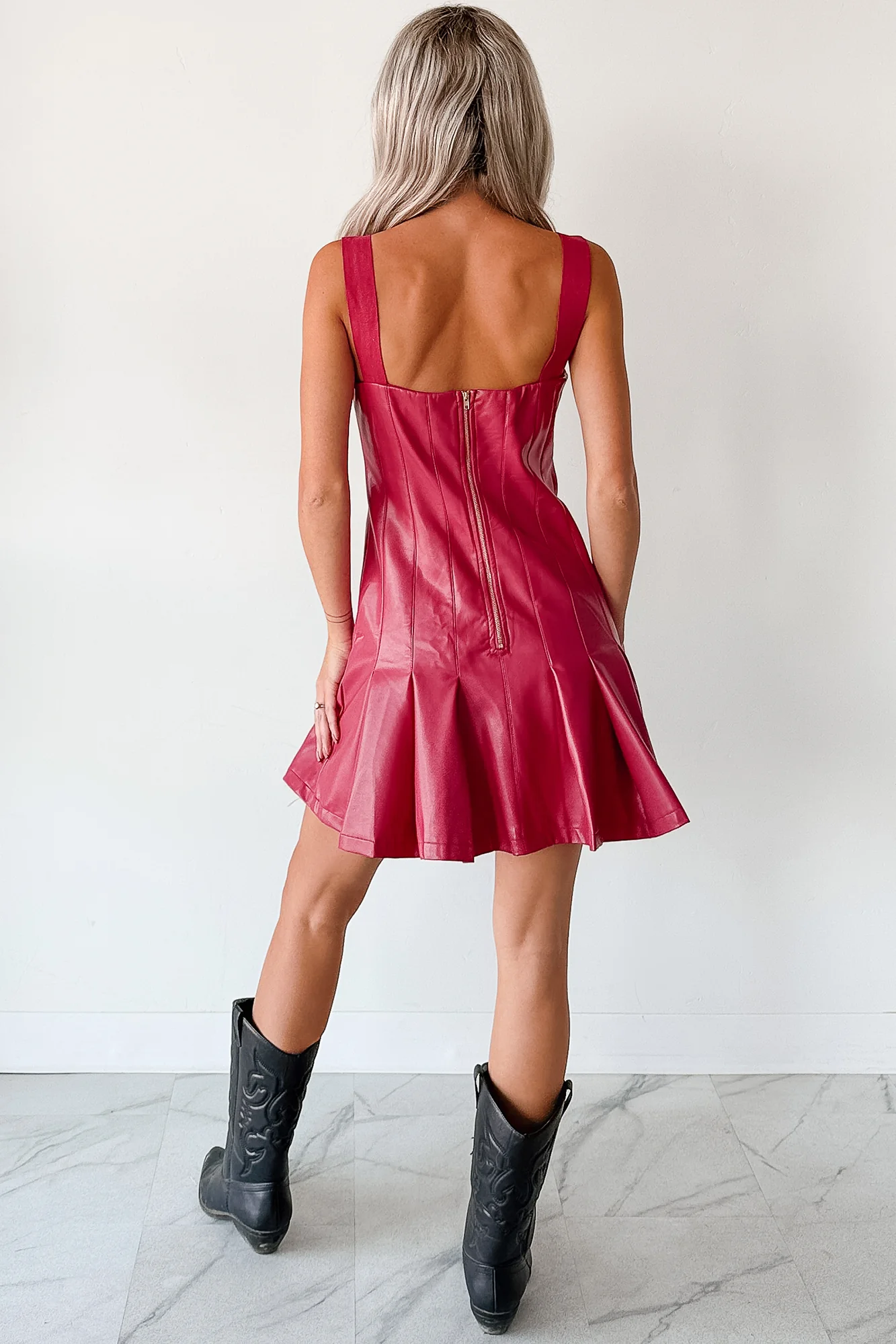 One Of None Pleated Faux Leather Dress (Magenta) - Image 6