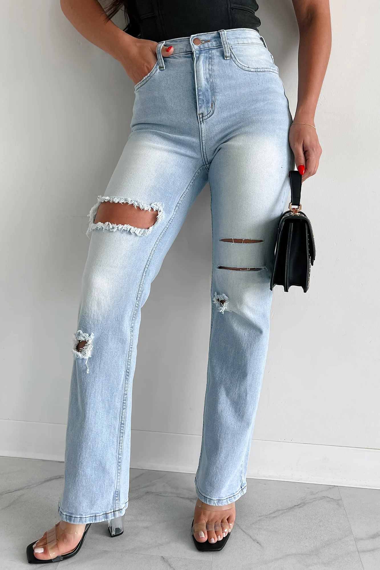 Only Good Days High Rise Distressed Wide Leg Jeans (Light) - Image 11