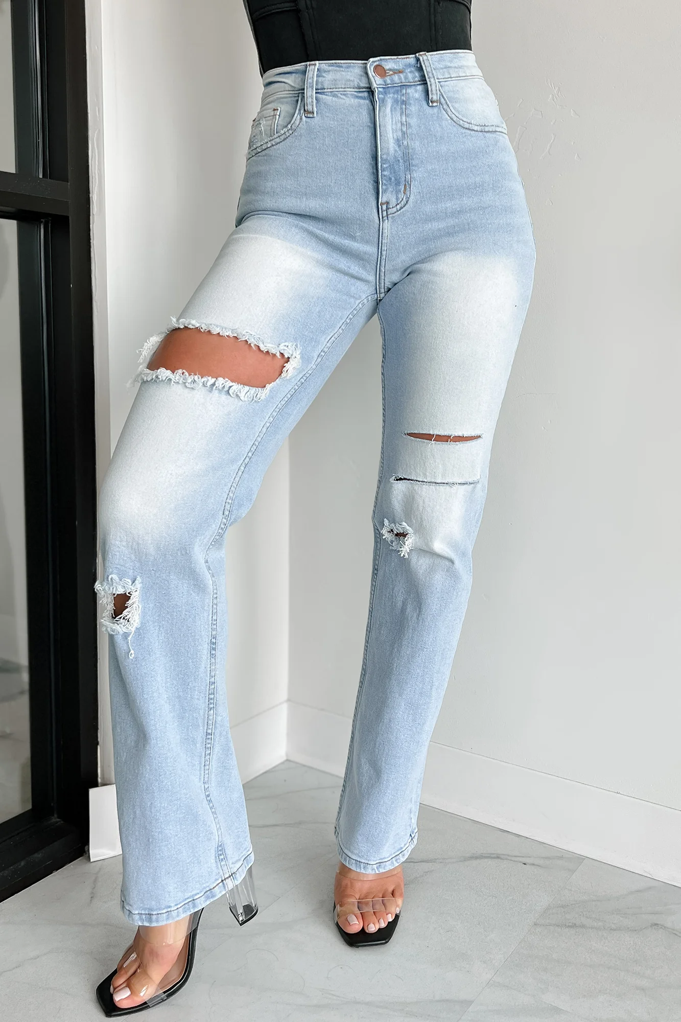 Only Good Days High Rise Distressed Wide Leg Jeans (Light) - Image 15