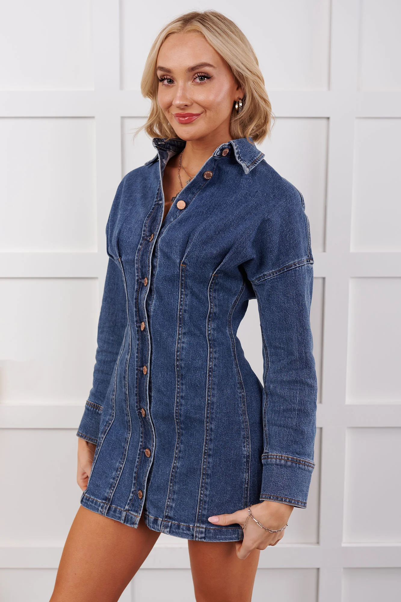 Open Range Pleated Denim Mini Dress (Medium Blue) - Image 2