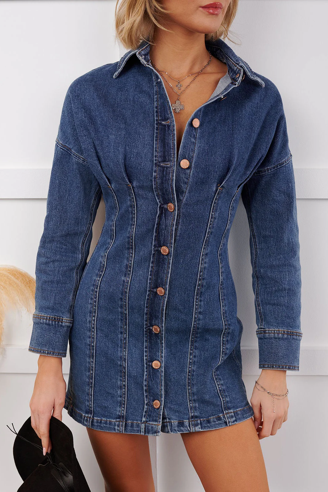 Open Range Pleated Denim Mini Dress (Medium Blue) - Image 4