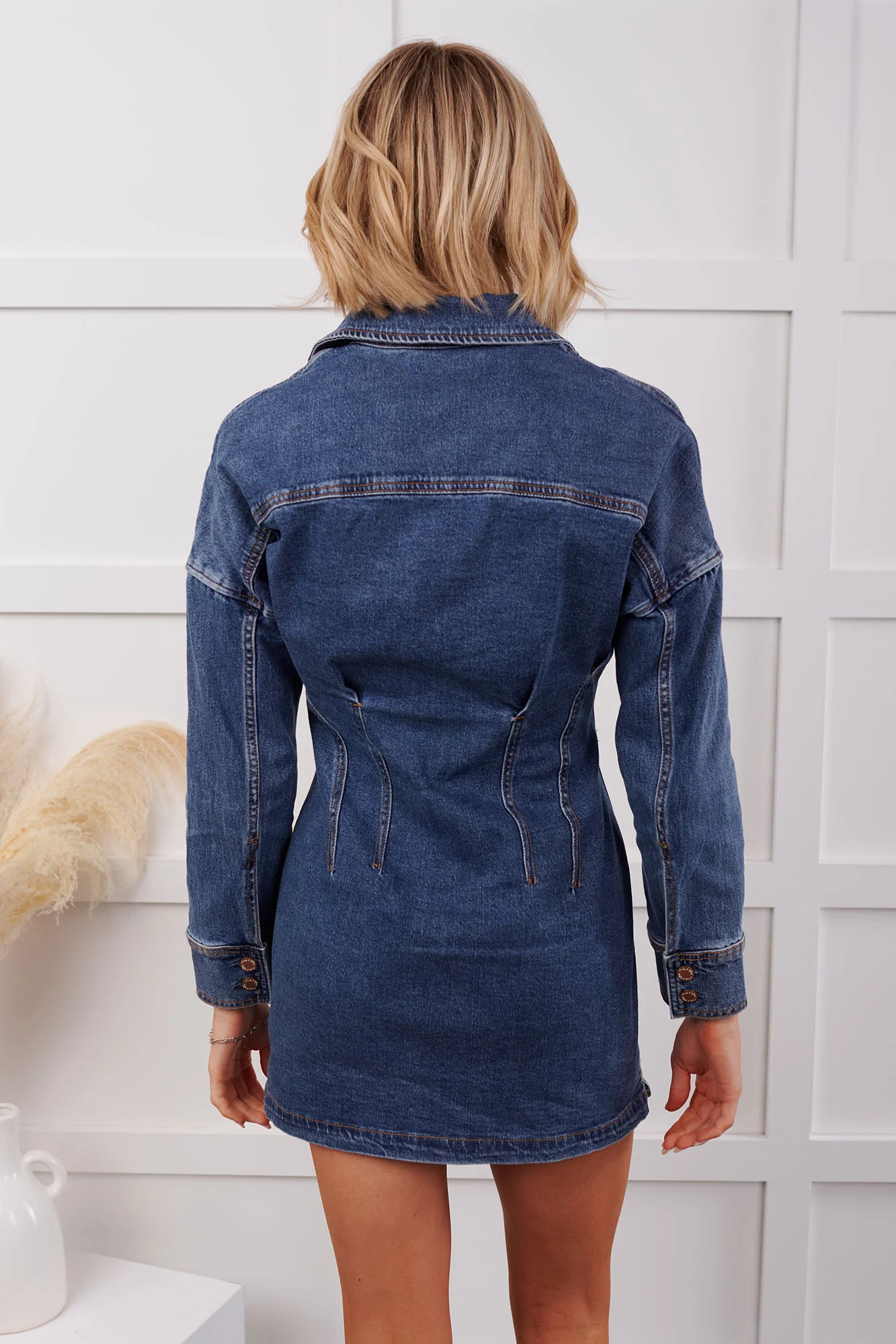 Open Range Pleated Denim Mini Dress (Medium Blue) - Image 5