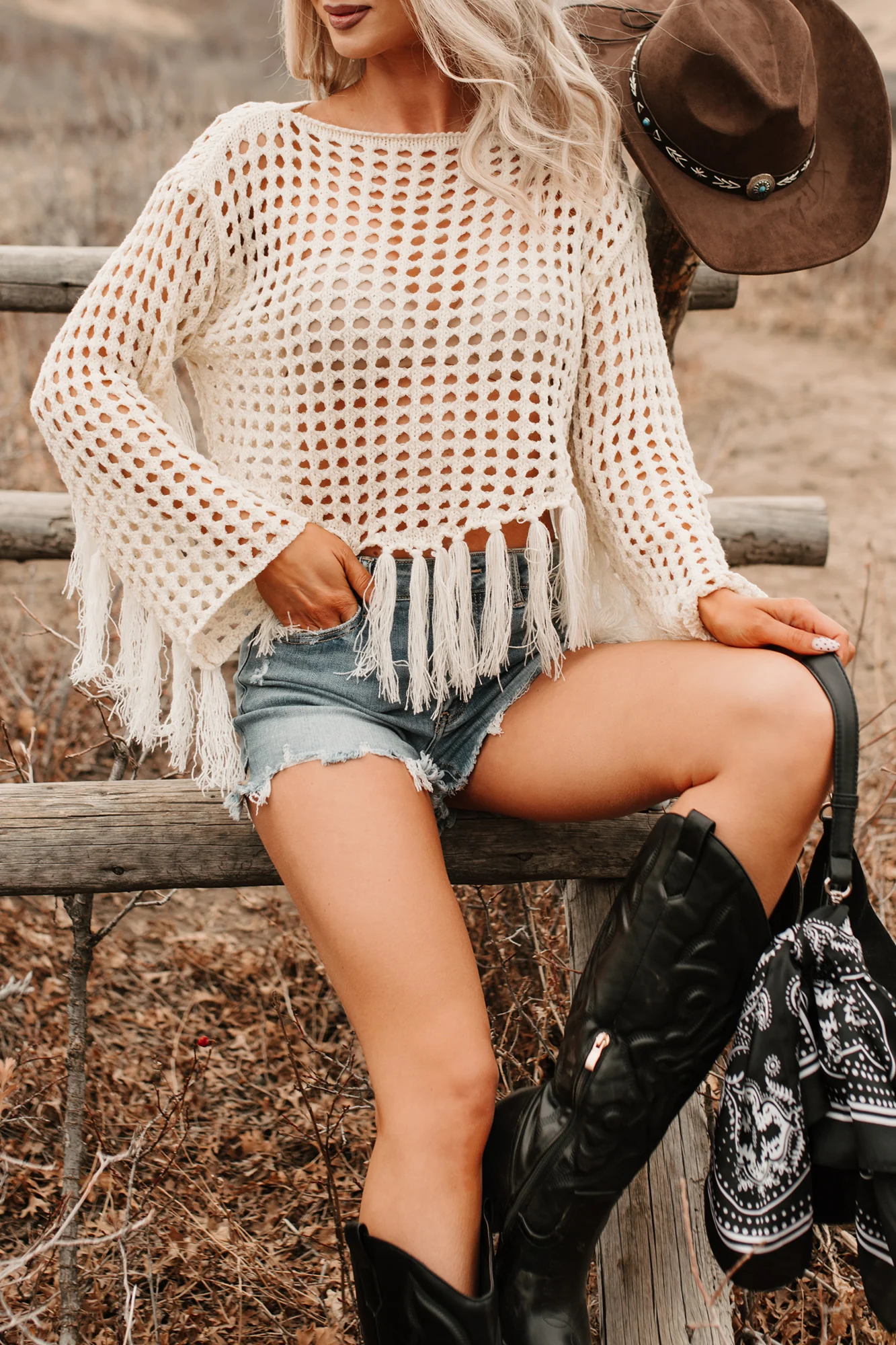 Open Skies Boatneck Crochet Sweater Fringe Top (Cream) - Image 2