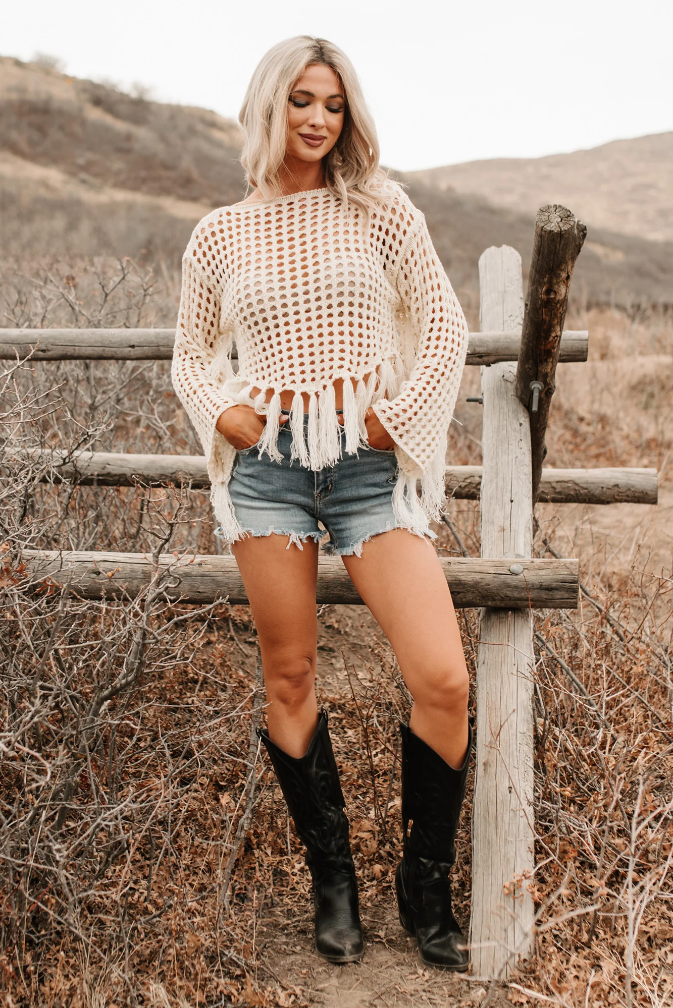Open Skies Boatneck Crochet Sweater Fringe Top (Cream) - Image 8