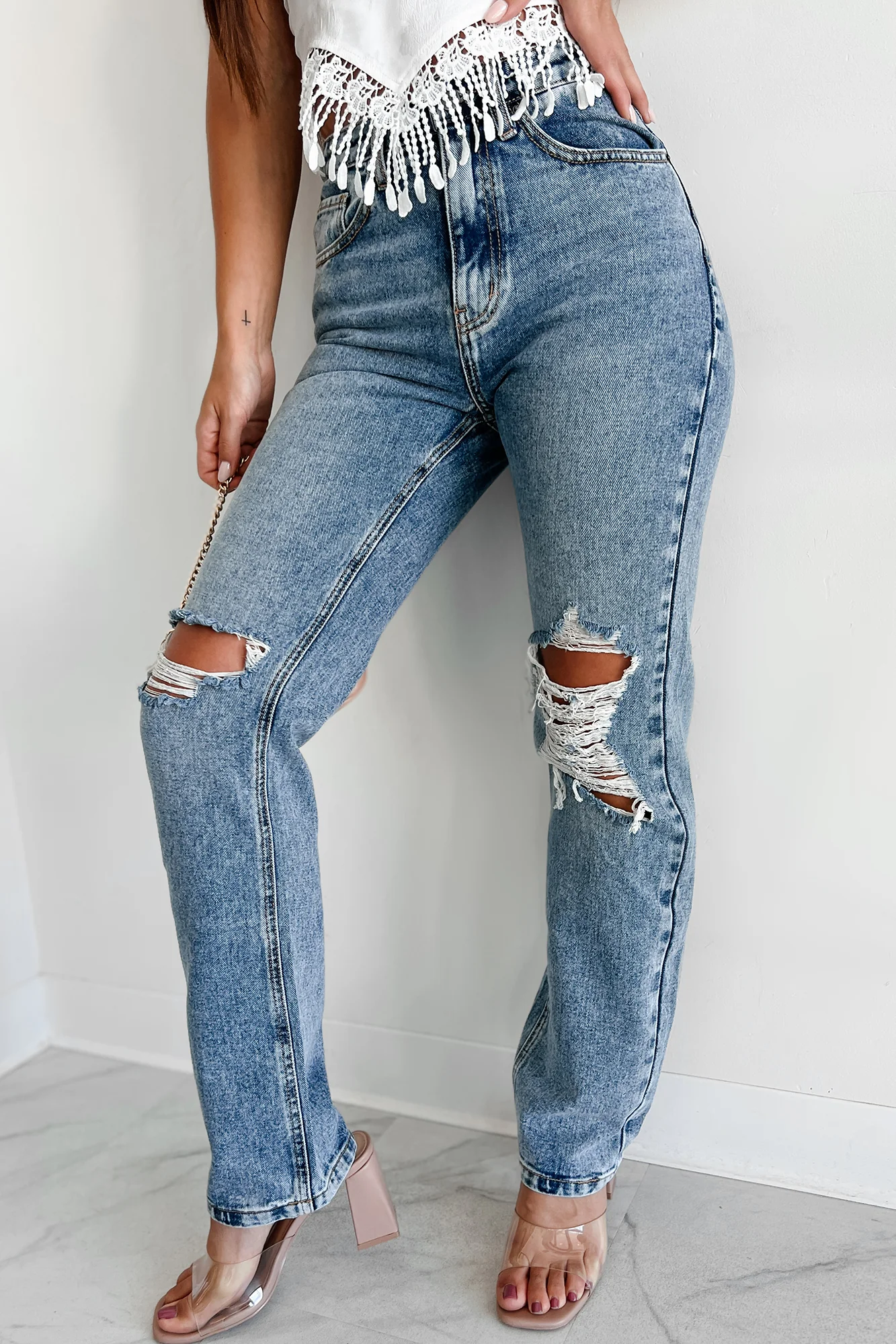 Orson High Rise Distressed Straight Leg Dogma Jeans (Medium Wash) - Image 2