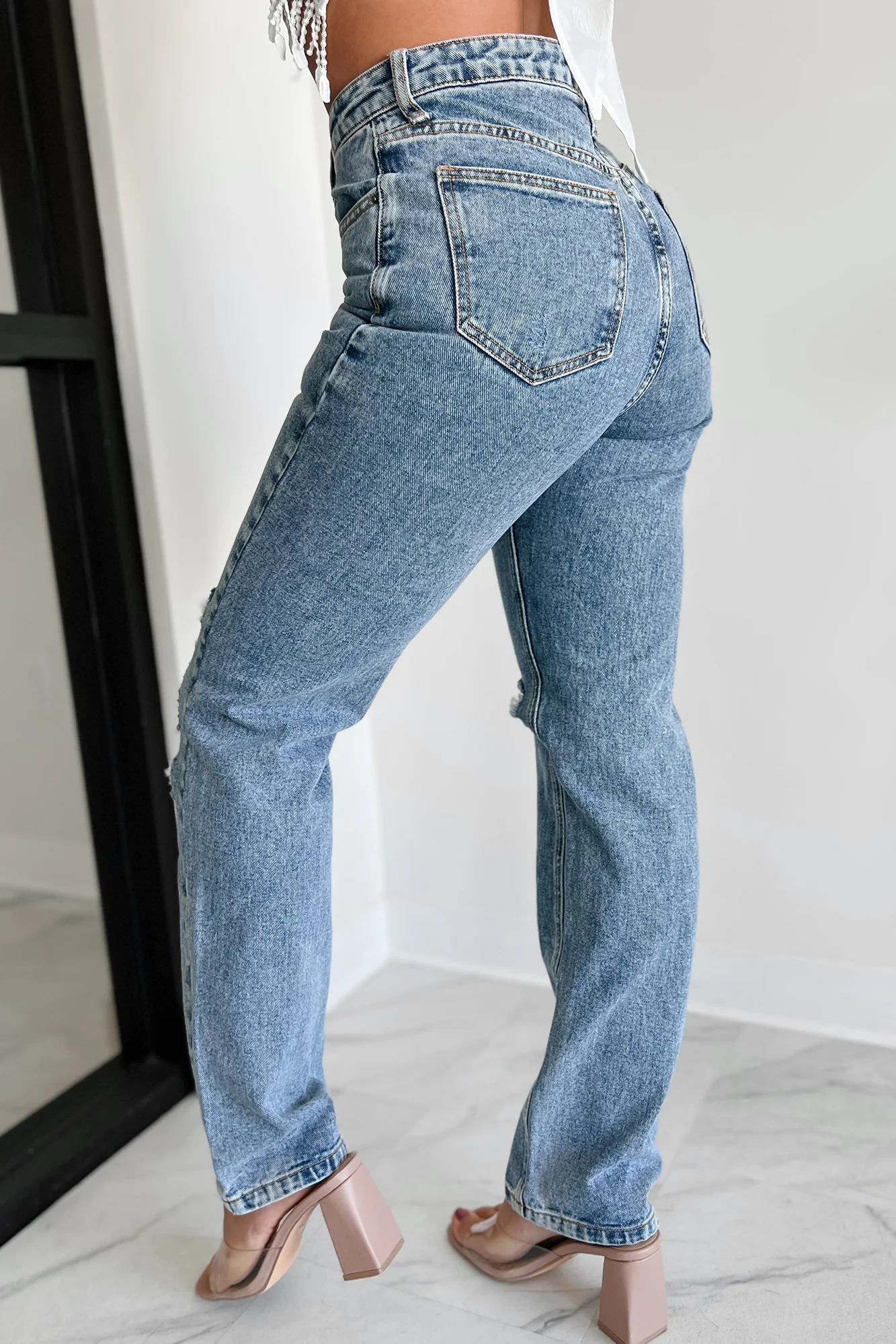 Orson High Rise Distressed Straight Leg Dogma Jeans (Medium Wash) - Image 3