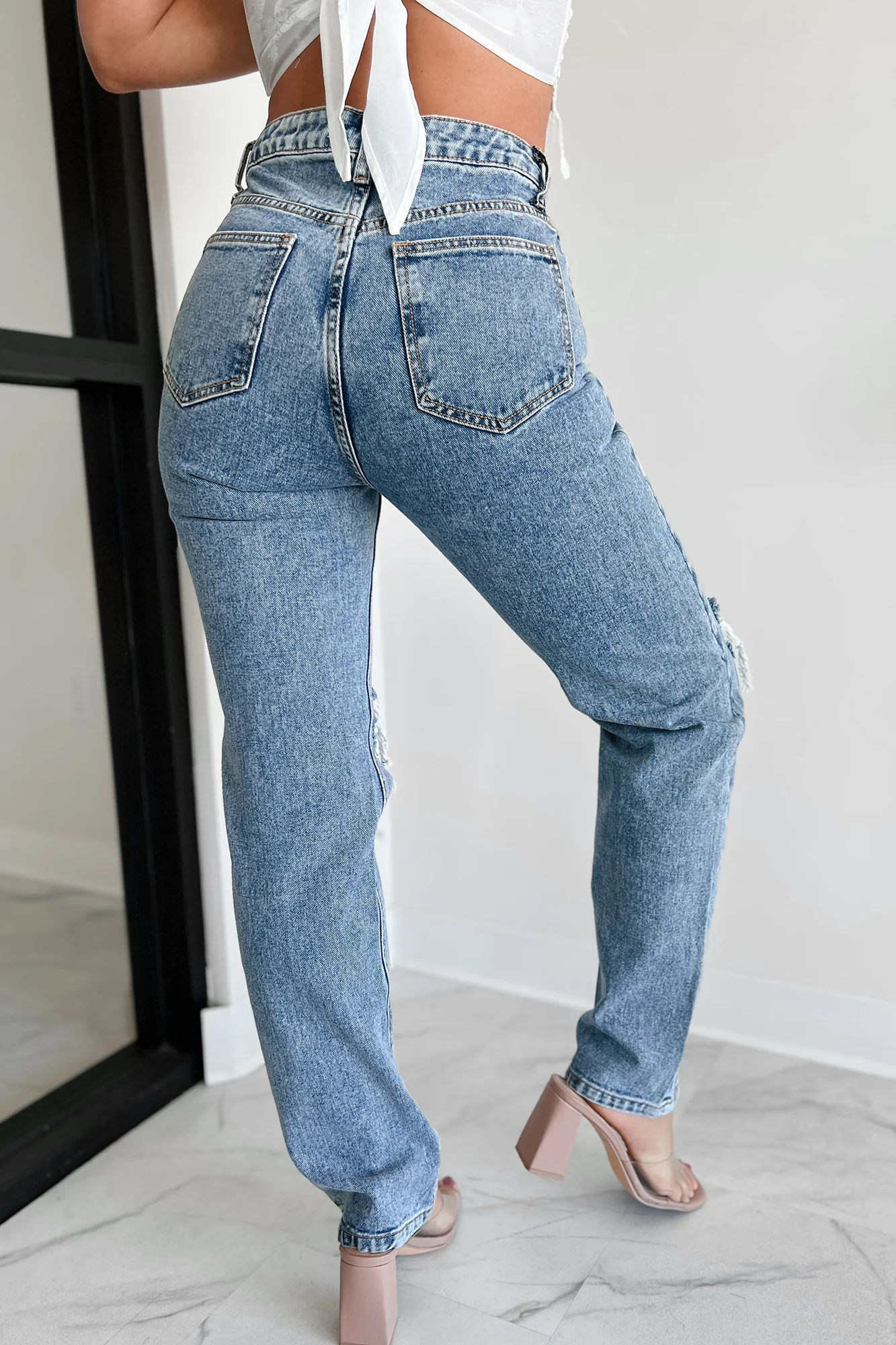 Orson High Rise Distressed Straight Leg Dogma Jeans (Medium Wash) - Image 4