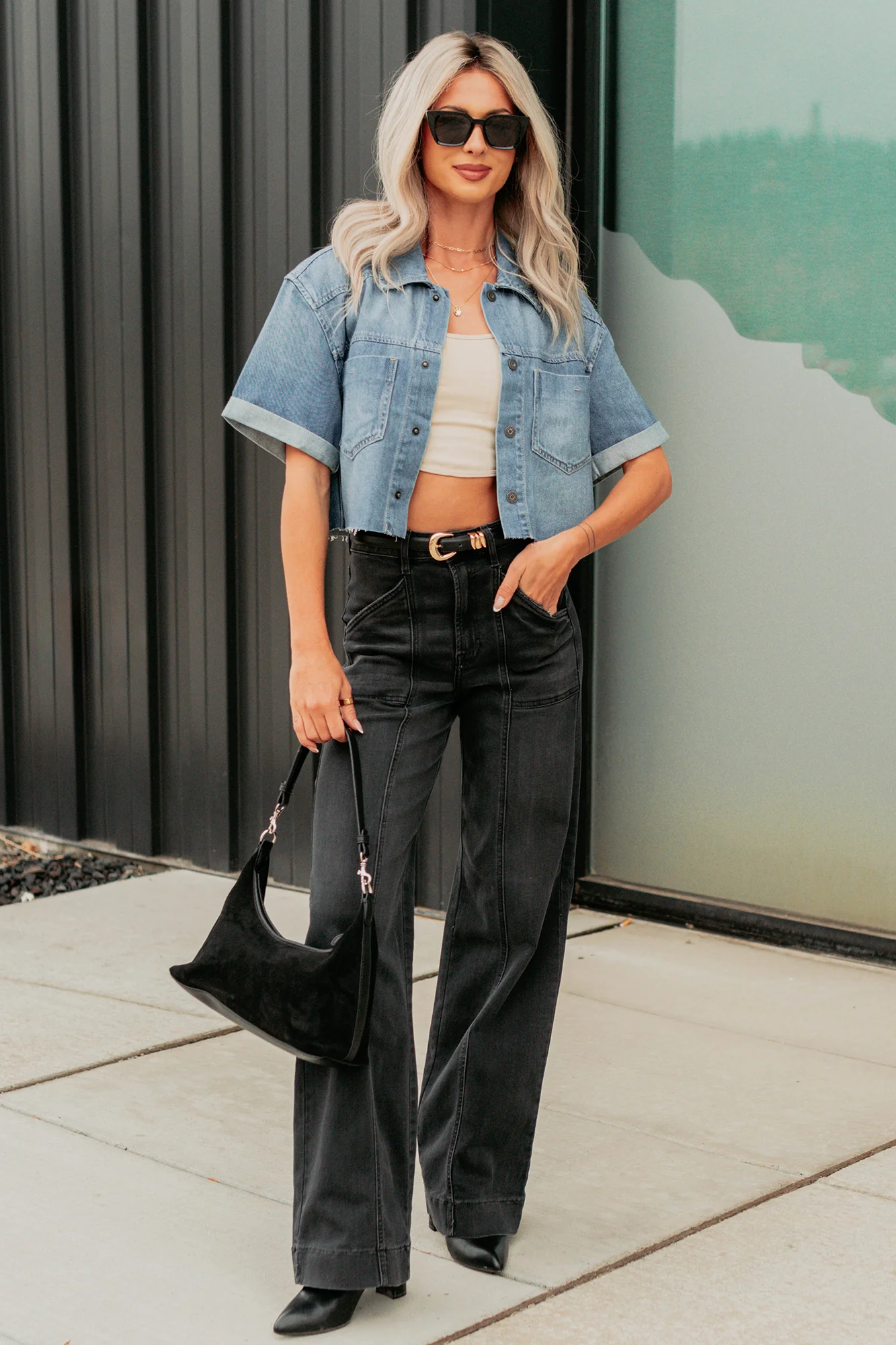 Out & About Short Sleeve Denim Crop Top (Medium) - Image 12