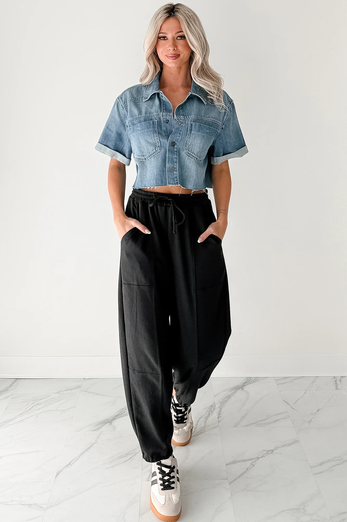 Out & About Short Sleeve Denim Crop Top (Medium) - Image 13