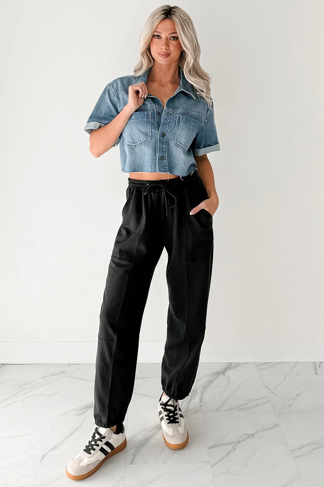 Out & About Short Sleeve Denim Crop Top (Medium) - Image 2