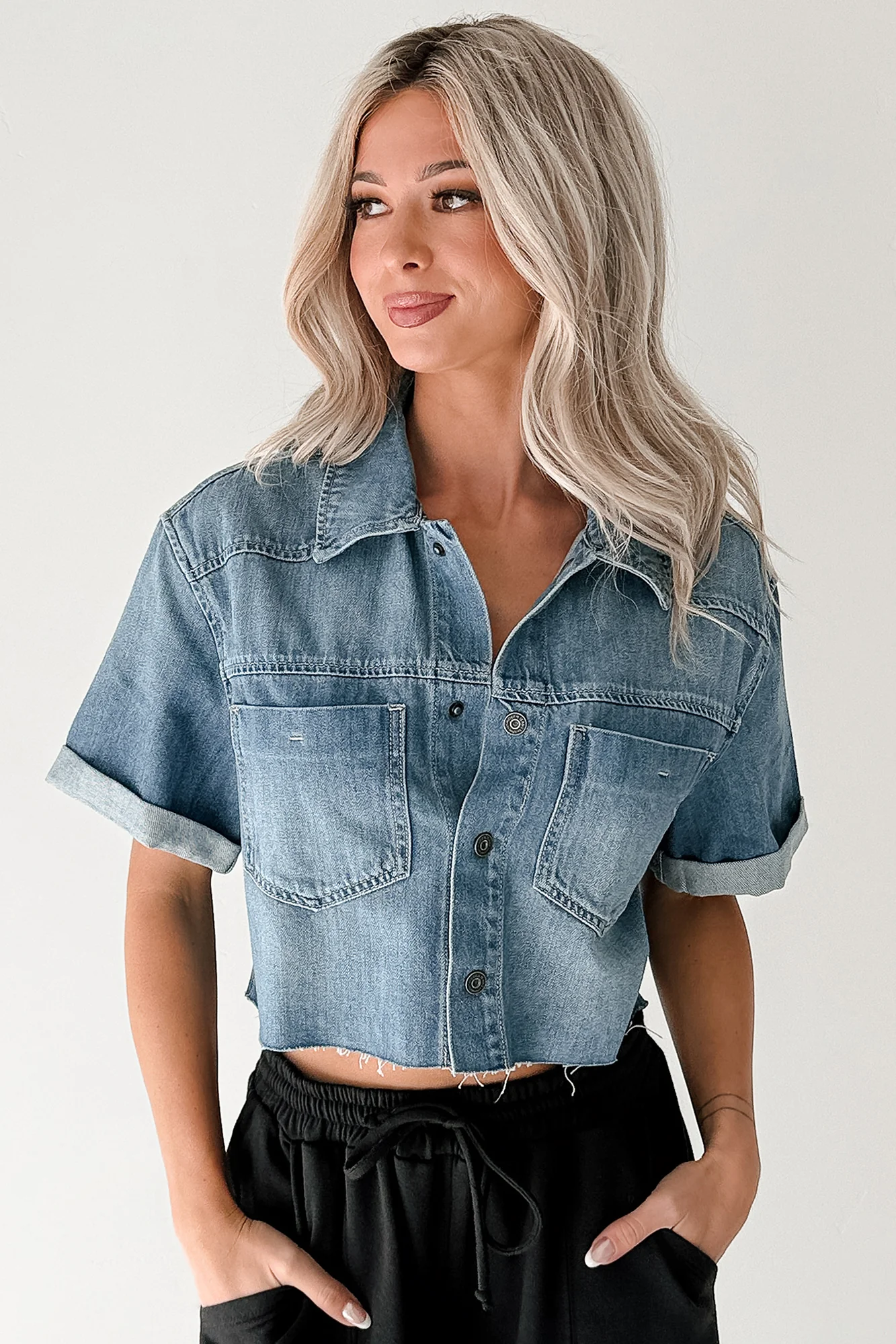 Out & About Short Sleeve Denim Crop Top (Medium) - Image 3