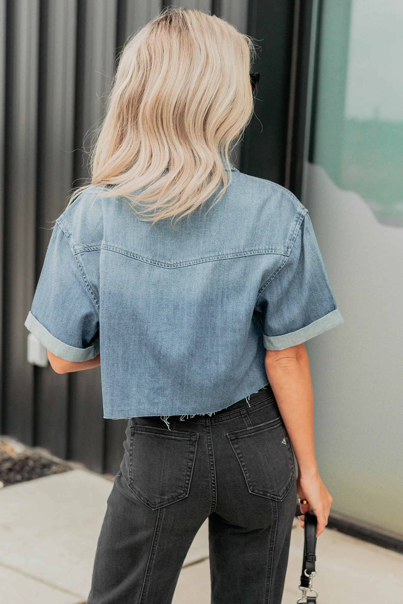 Out & About Short Sleeve Denim Crop Top (Medium) - Image 7