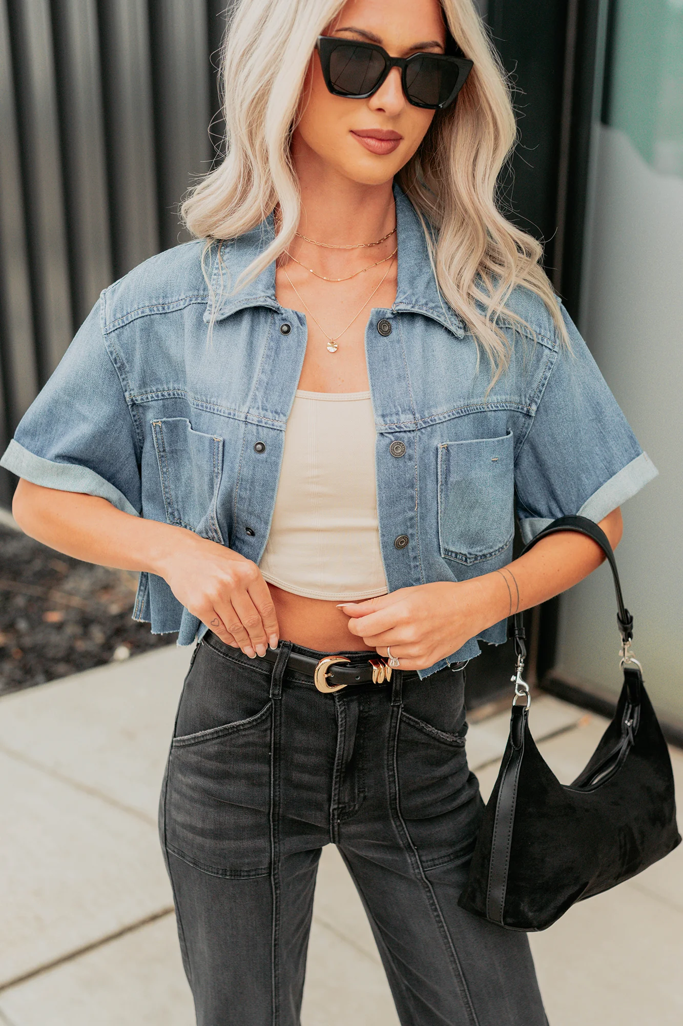 Out & About Short Sleeve Denim Crop Top (Medium) - Image 9