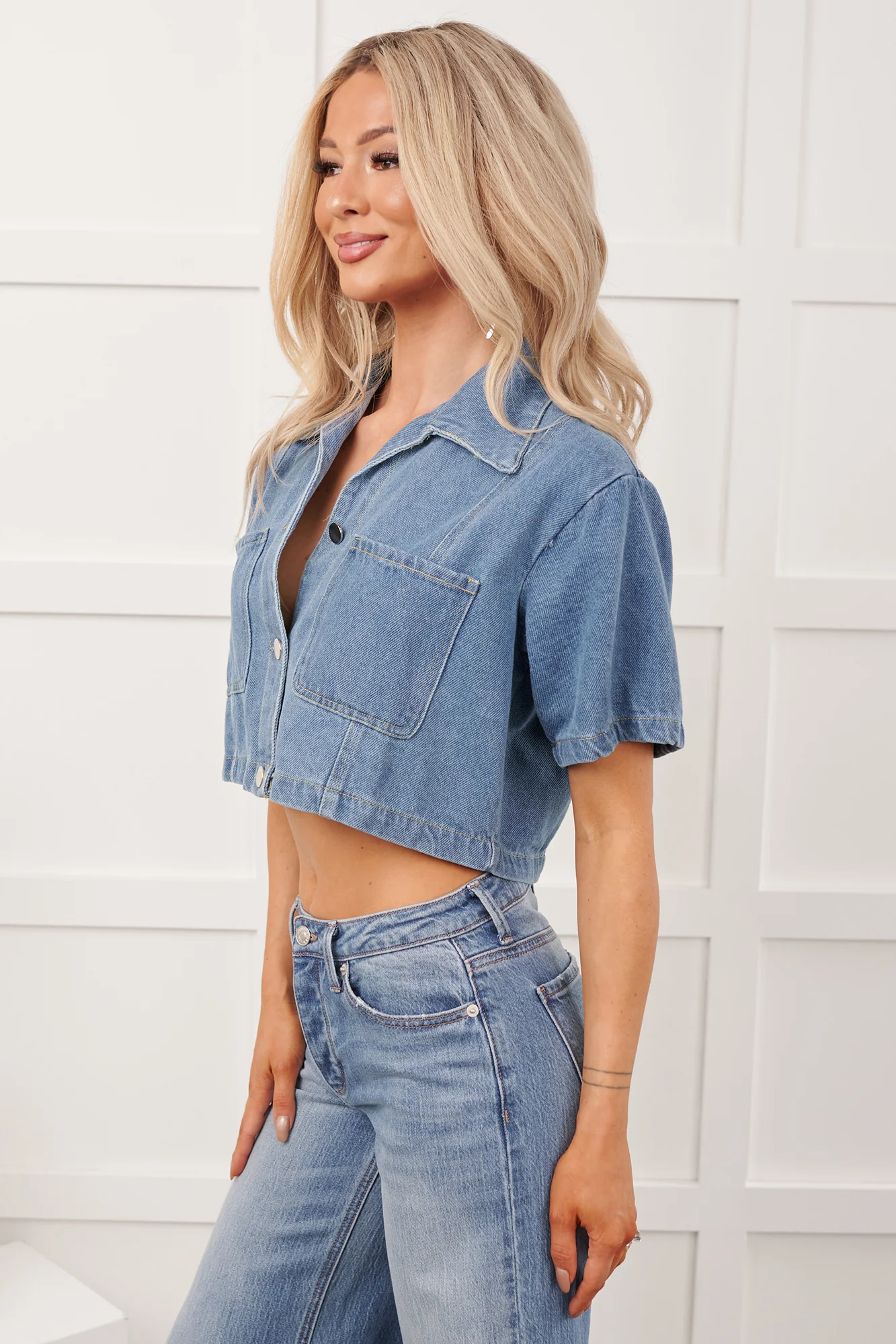 Outlaw Blues Button Up Short Sleeve Top (Medium Denim) - Image 3