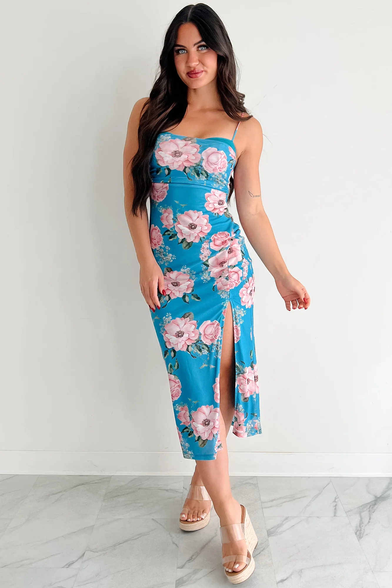 Own The Mood Sleeveless Floral Midi Dress (Teal) - Image 5