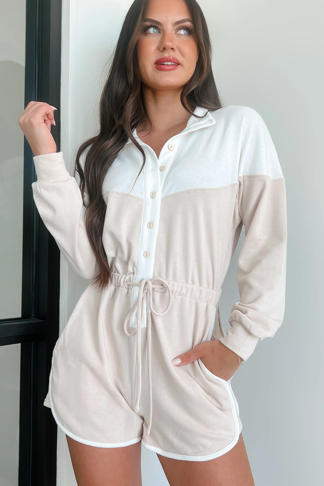 Ozzie Button-Front Long Sleeve Romper (White/Seashell) - Image 6