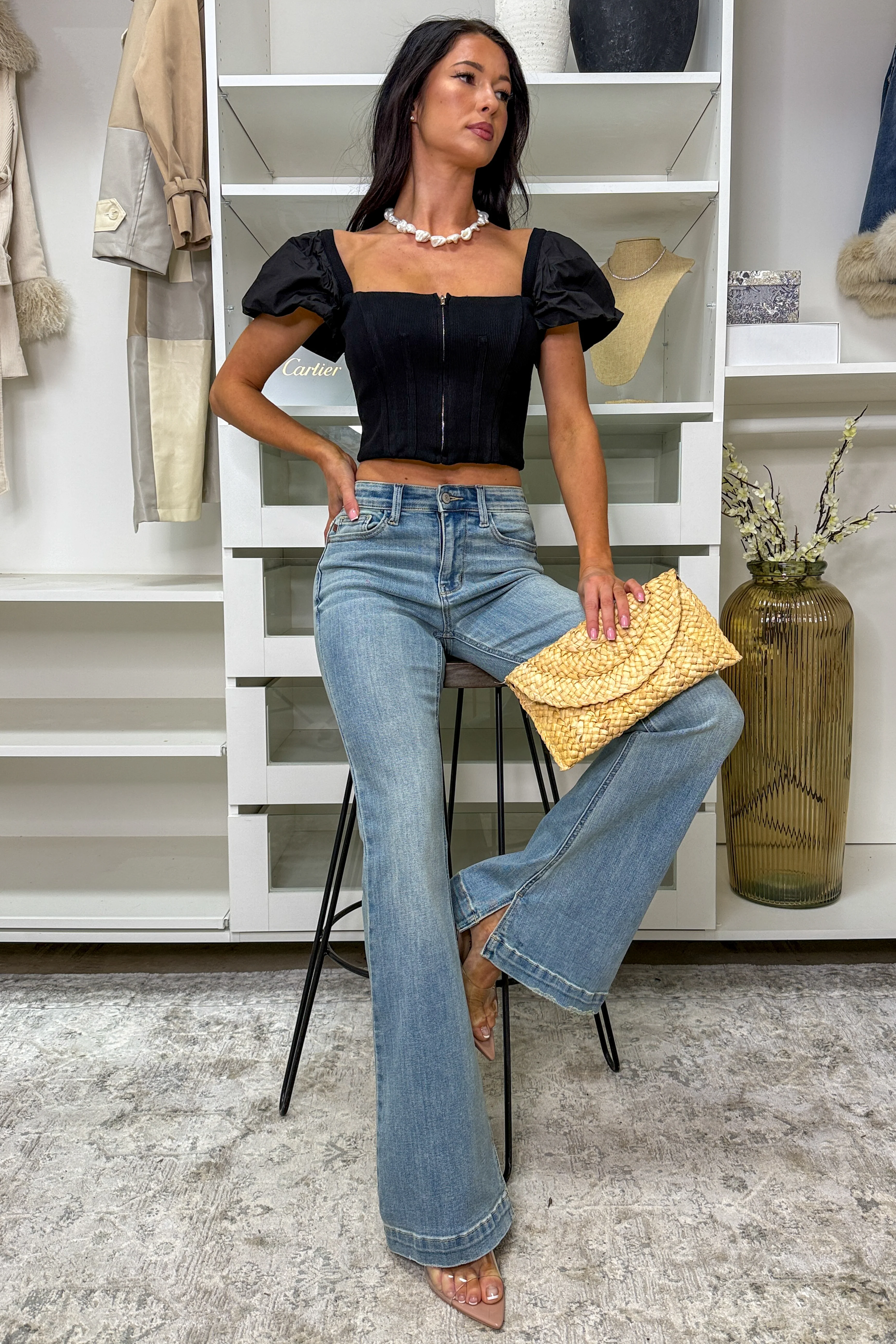 Paint The Town Zipper Knit Puff Sleeve Top (Black) - Image 4