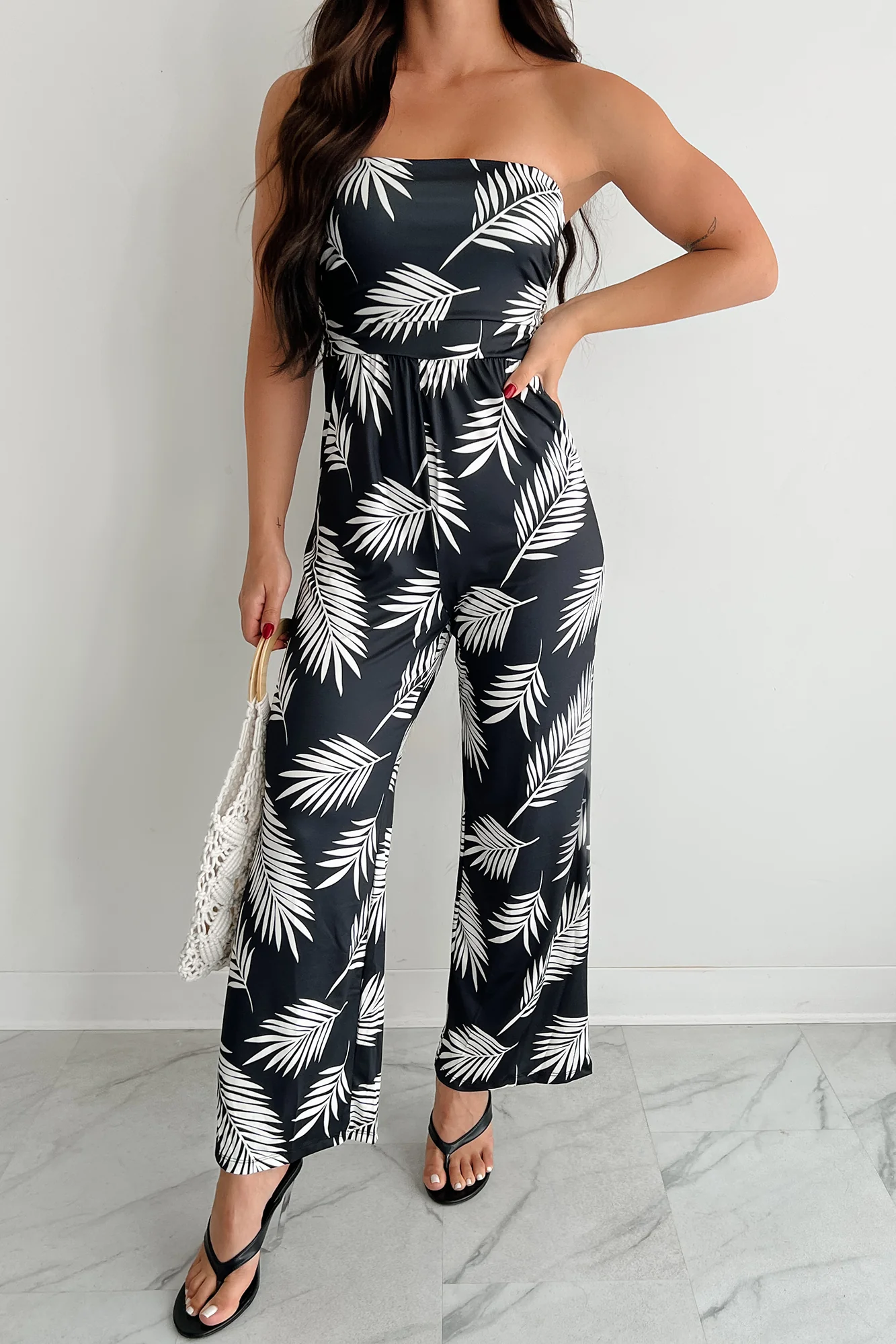 Palm Plans Strapless Leaf Print Jumpsuit (Black) - Image 2