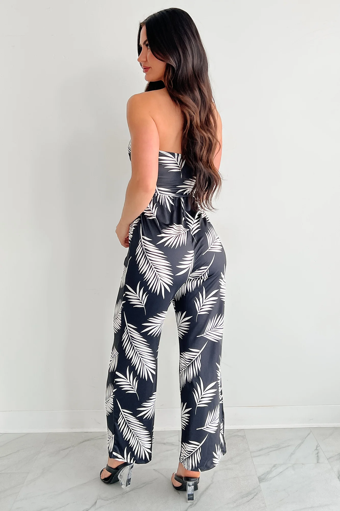 Palm Plans Strapless Leaf Print Jumpsuit (Black) - Image 4