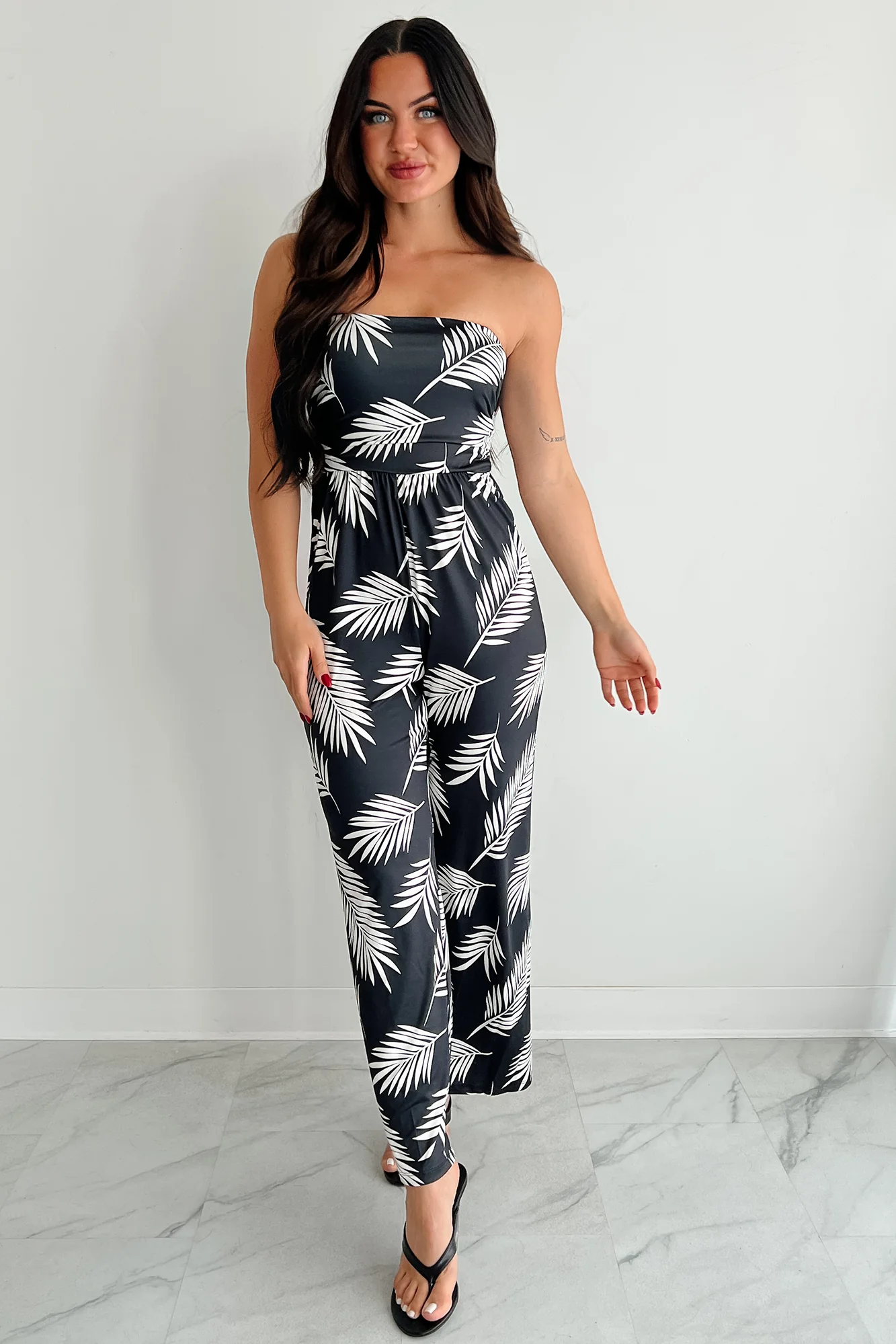 Palm Plans Strapless Leaf Print Jumpsuit (Black) - Image 5