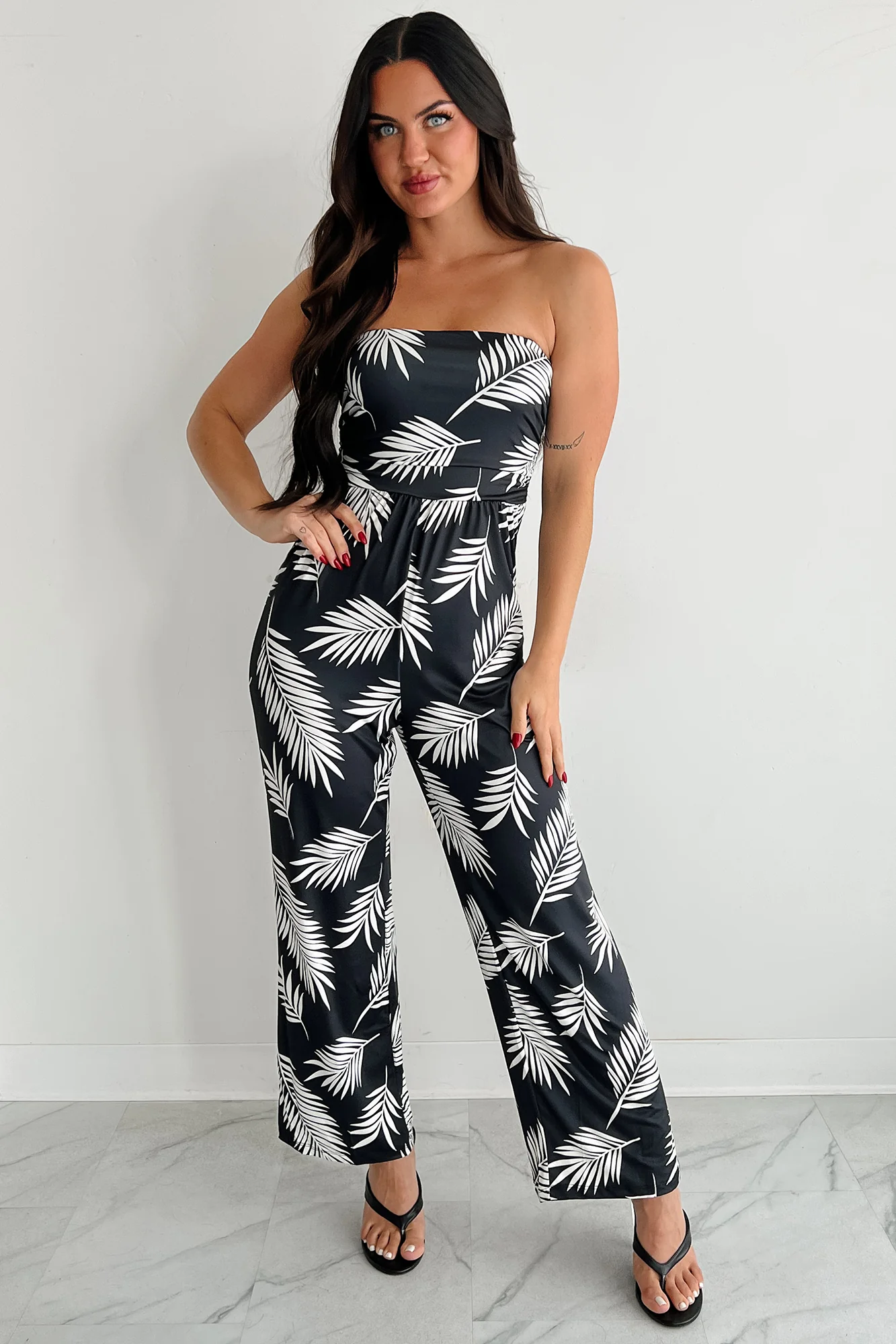 Palm Plans Strapless Leaf Print Jumpsuit (Black) - Image 7