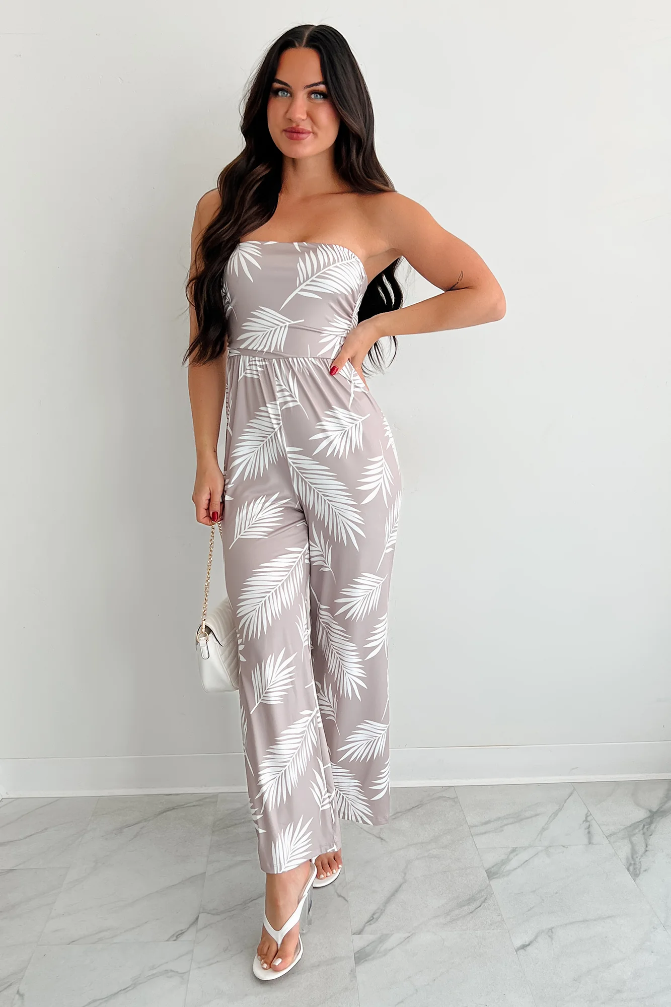 Palm Plans Strapless Leaf Print Jumpsuit (Taupe) - Image 3