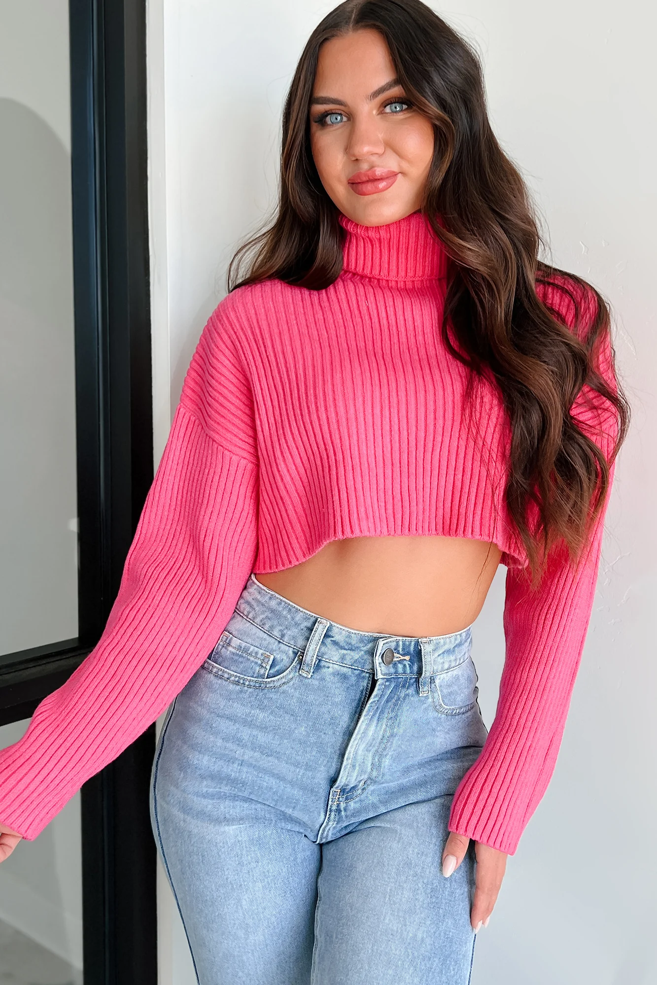 Pamela Turtleneck Crop Sweater (Super Pink) - Image 2