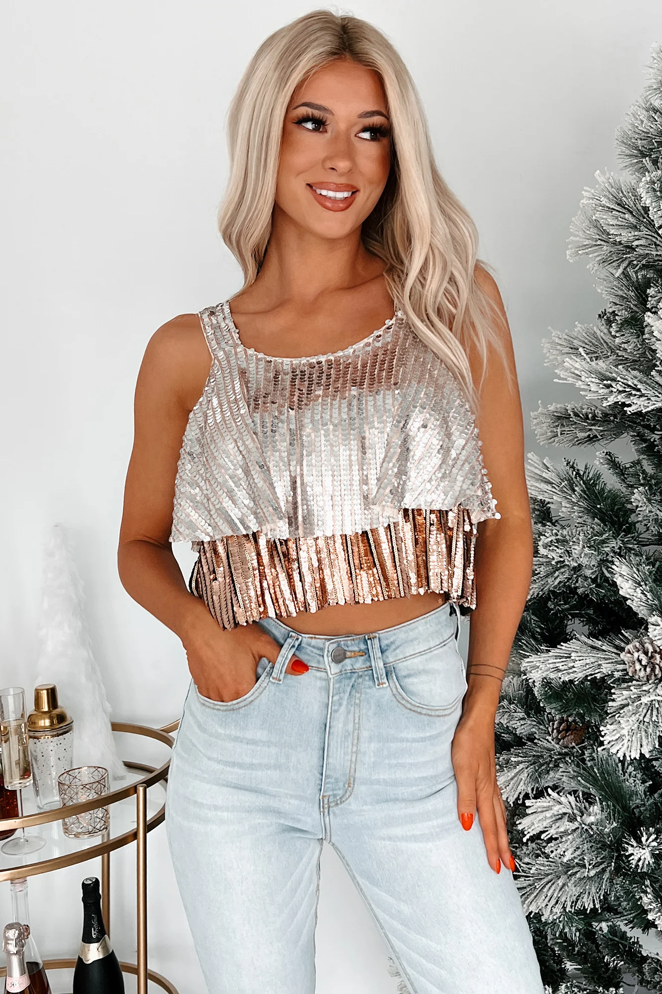 Party Hour Tiered Sequin Tank Top (Silver/Bronze) - Image 3
